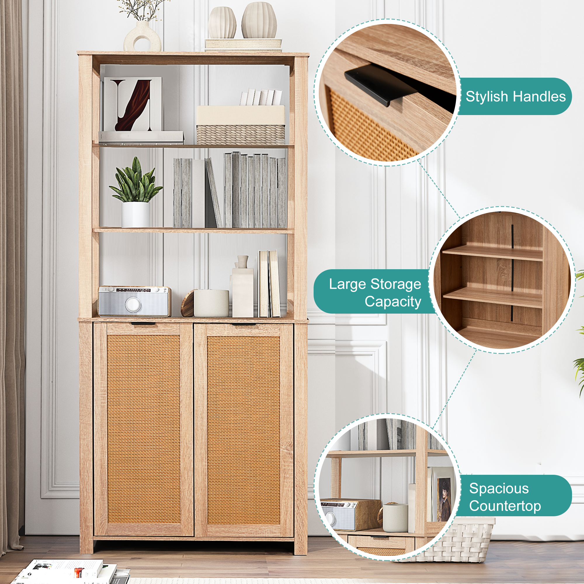 HOMREST Rattan Bookcase with cabinet, Heavy Duty Freestanding Bookcase With Storage Open Display, Beige