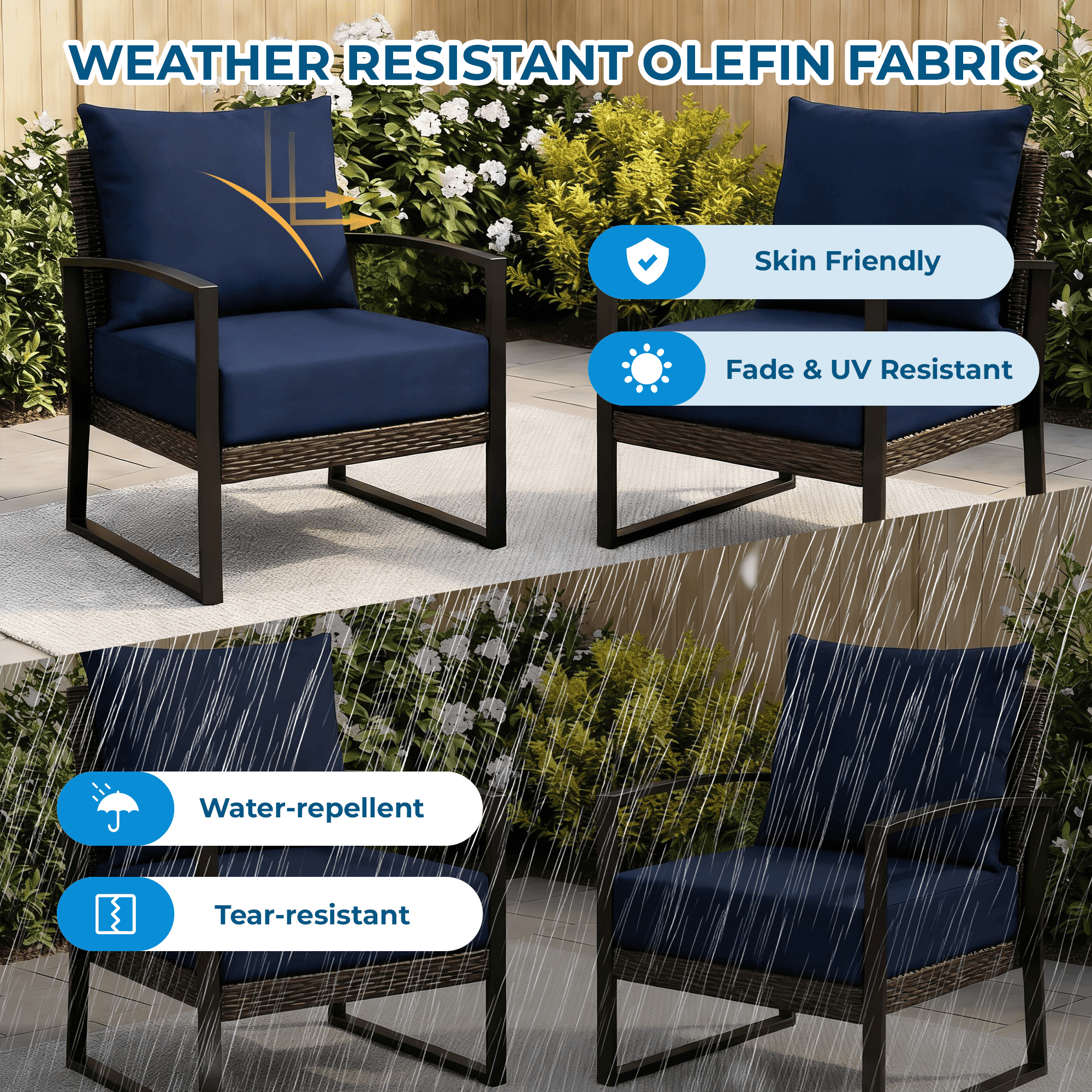 HOMREST Patio Furniture Cushions with Handle and Ties, Waterproof, Fade-resistant Outdoor Couch Cushion, Chair Pads for Dining Chairs, Navy blue