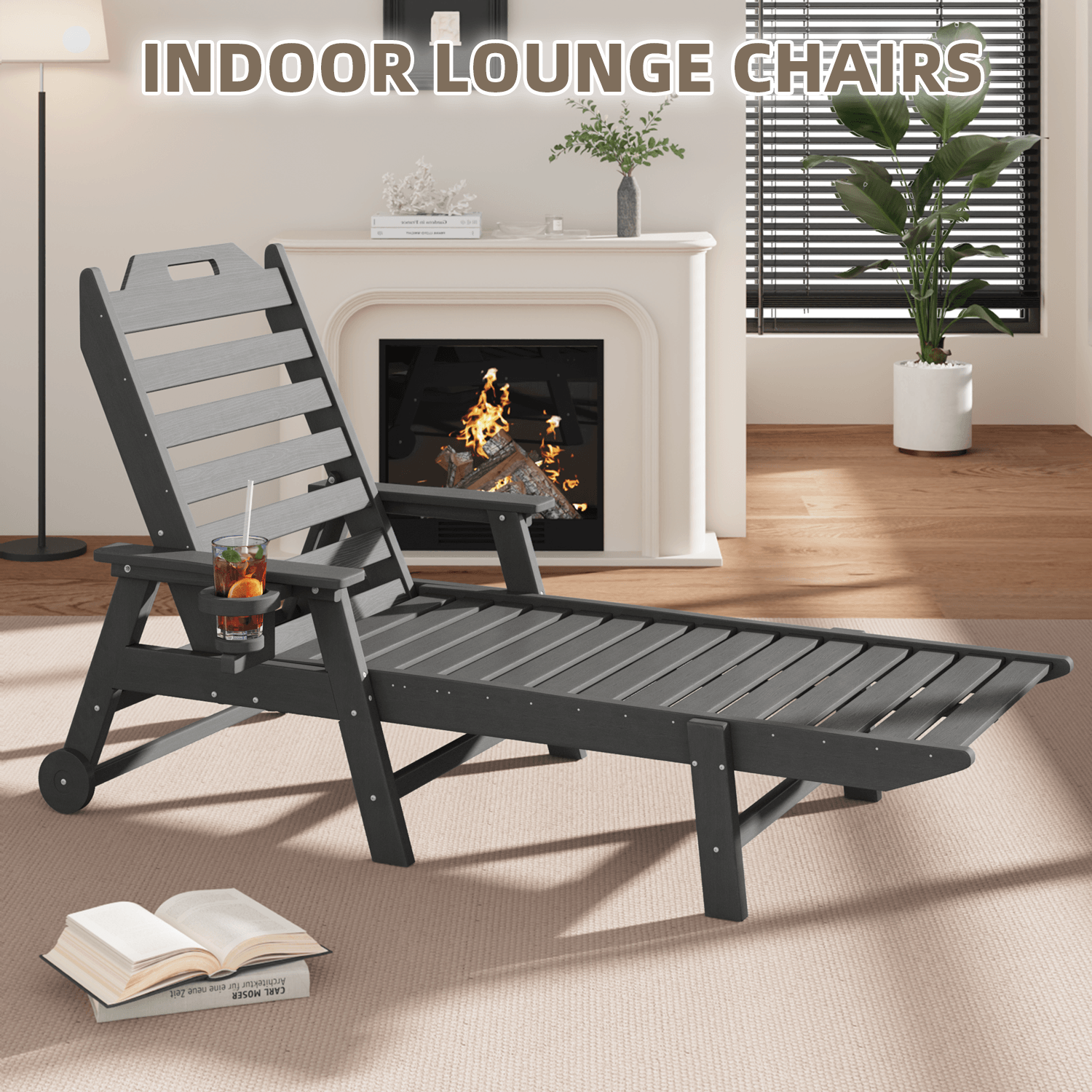 HOMREST 24" W Oversized Chaise Lounge Chairs Set of 2, Adjustable HDPE Outdoor Chairs with Wheels & Cup Holder, Dark Grey