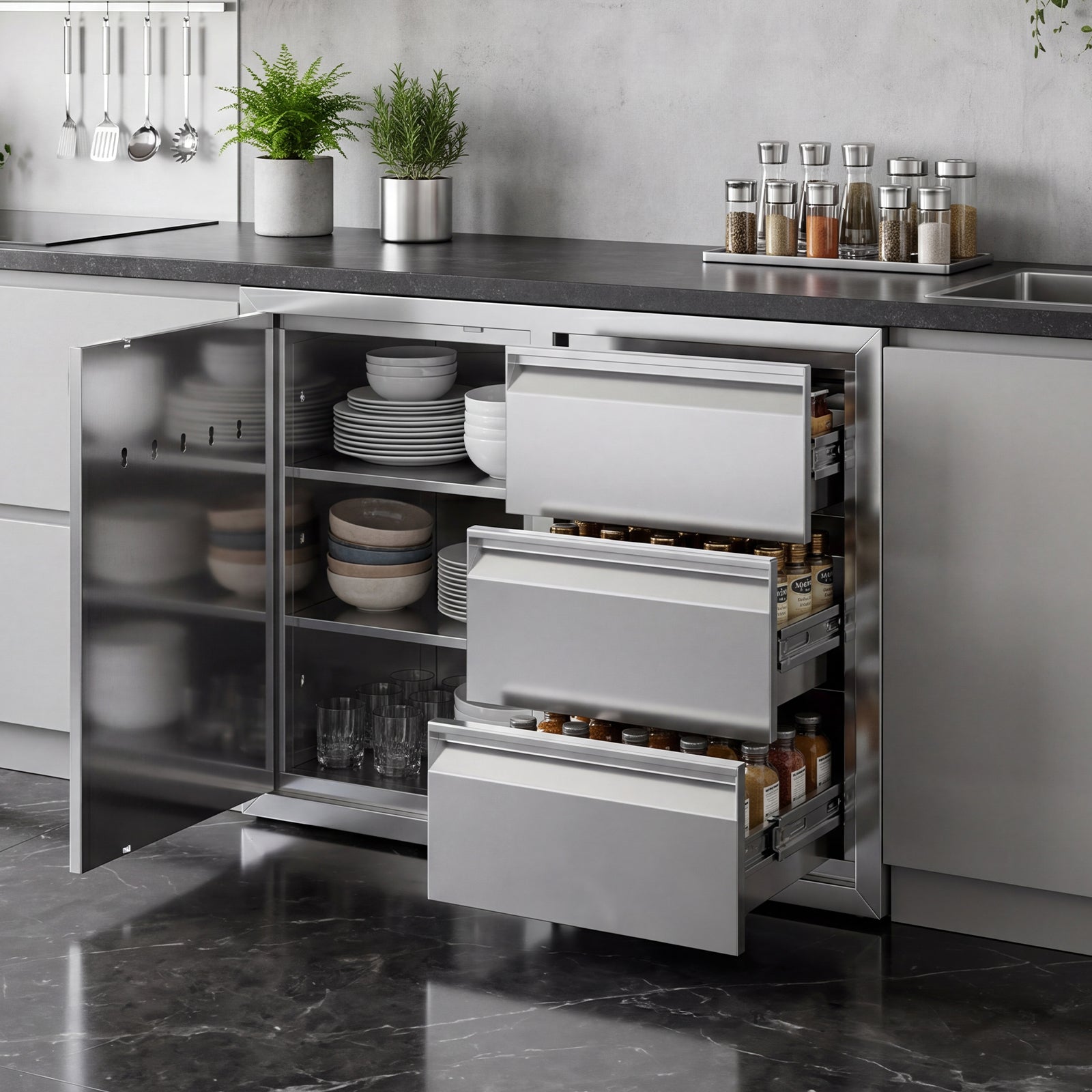 HOMREST Outdoor Kitchen Drawer and Trash Bin Combo - 28"Wx20"Dx23"H Built-in 304 Stainless Steel Cabinet with Triple Drawers & Pull-Out Trash Drawer, Silver