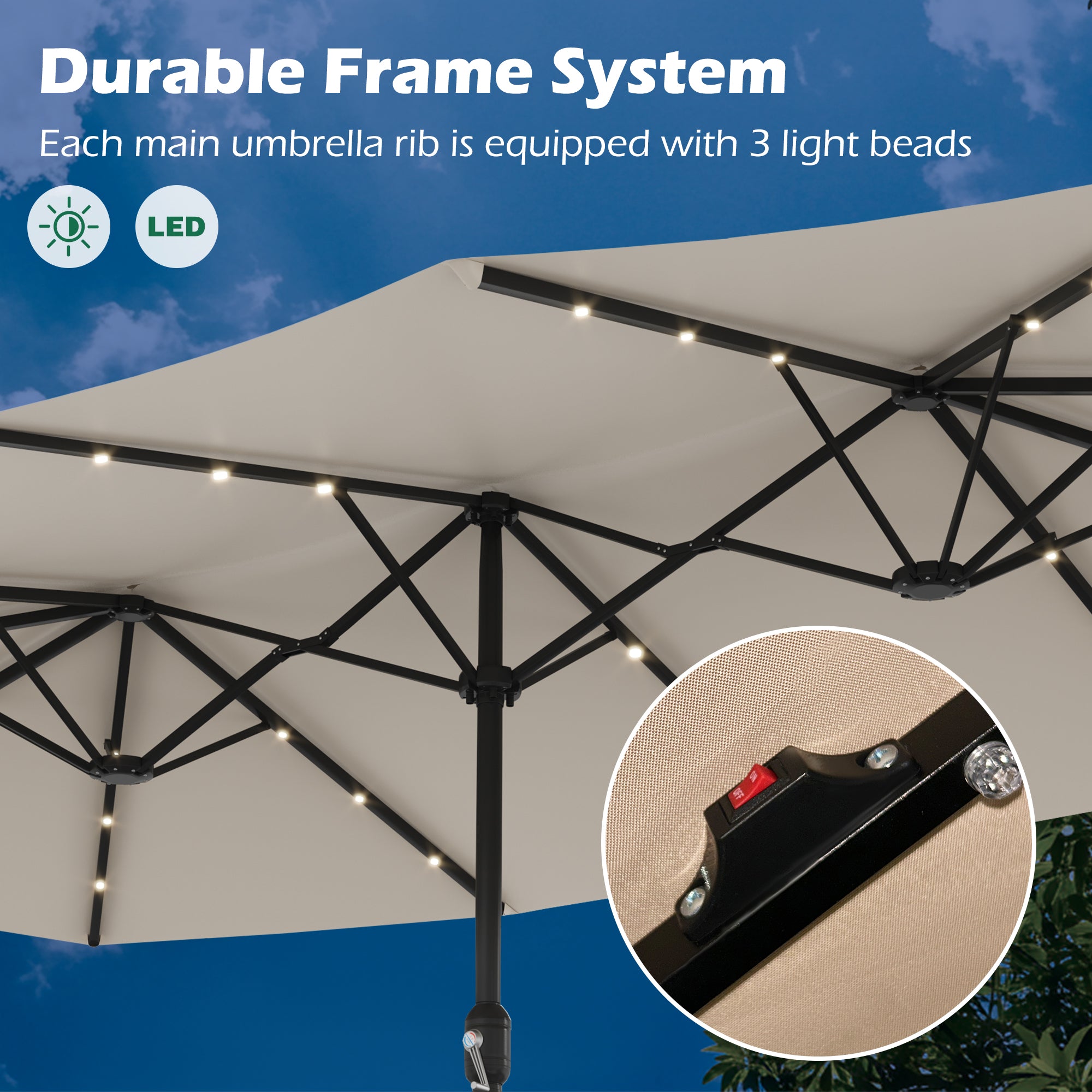 HOMREST 15ft Large Double-Sided Patio Umbrella with Solar LED Lights, Outdoor Crank System, and Base – Perfect for Garden, Deck, Poolside, Beige