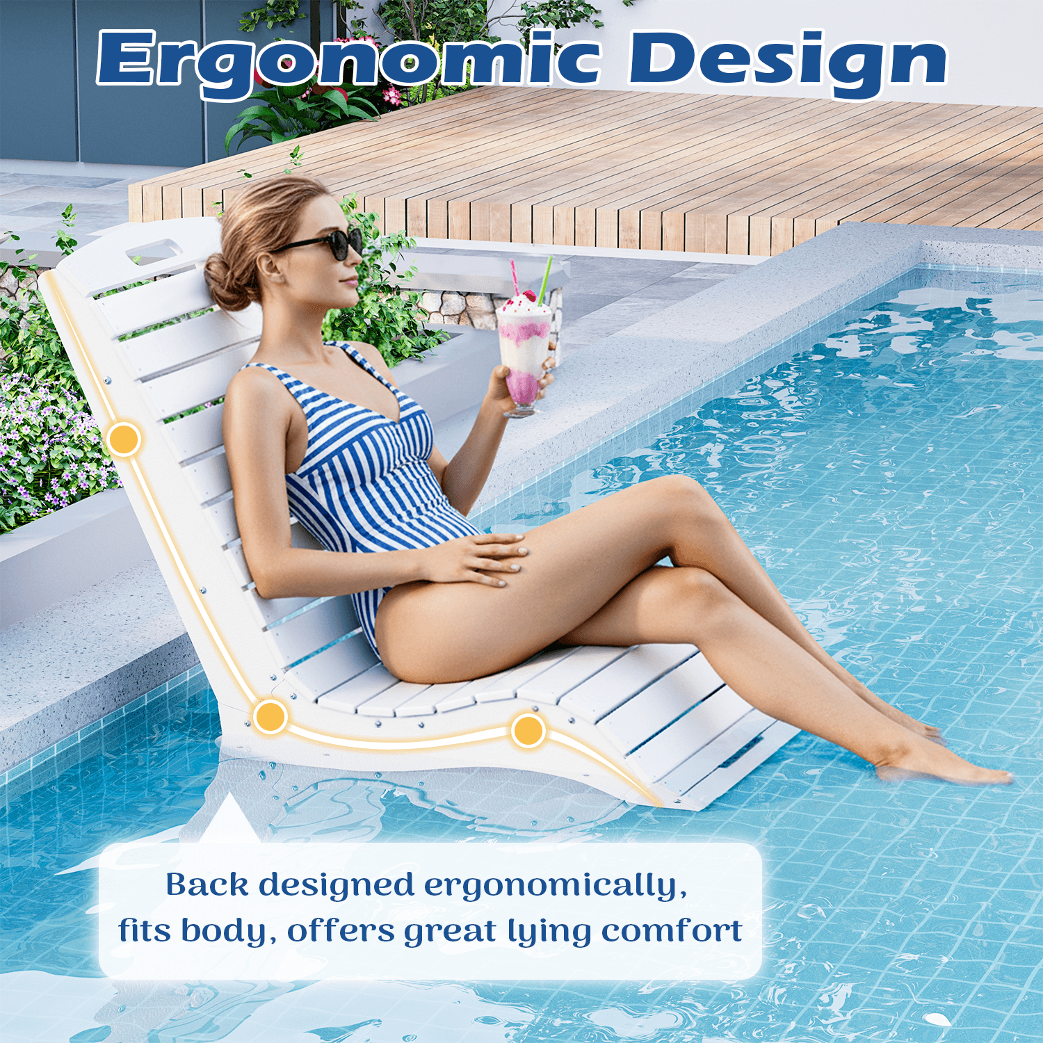 HOMREST HDPE Pool Lounge Chairs Set of 2, In-Pool Chaise with Wheels, S-Shaped, White