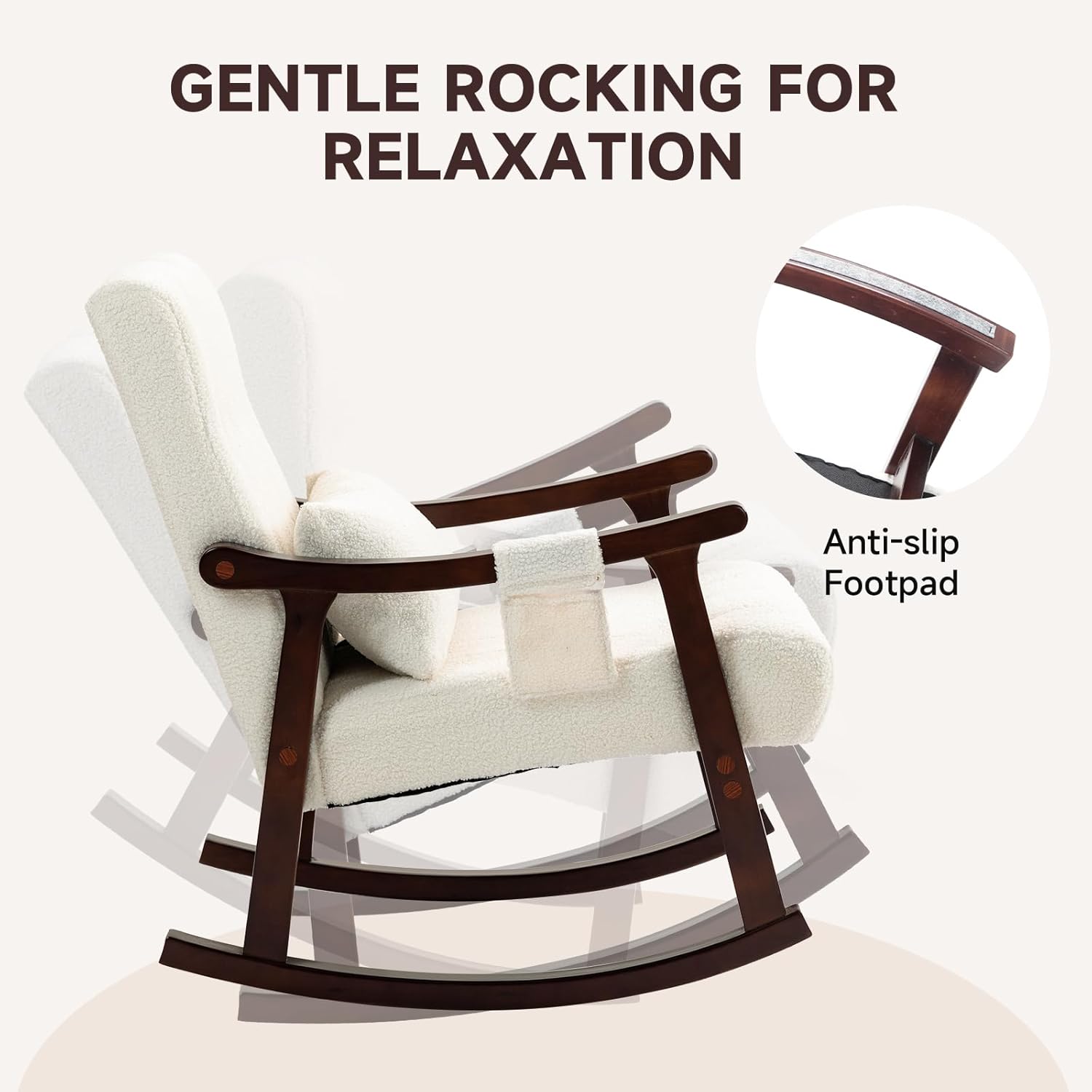 HOMREST Teddy Upholstered Rocking Chair, Small Glider Rocker with 2-Point Massage Lumbar Pillow and Solid Wood Legs, for Nursery and Living Room, White