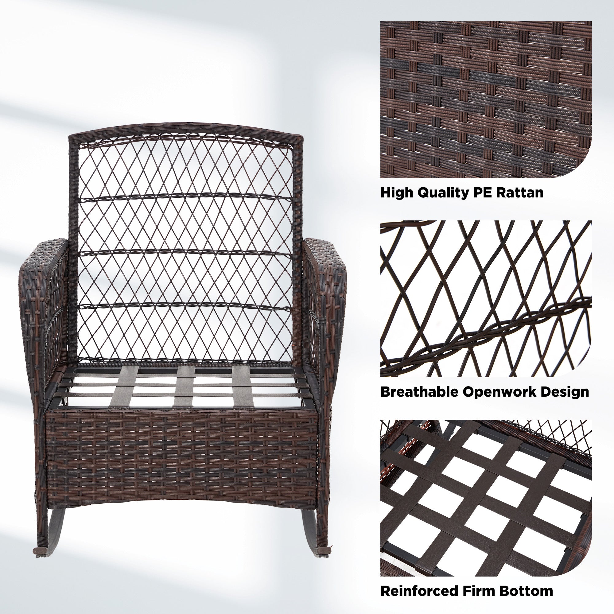 HOMREST 3 pcs Rocking Bistro Set, Outdoor PE Rattan Rocking Chairs with Tempered Glass Coffee Table