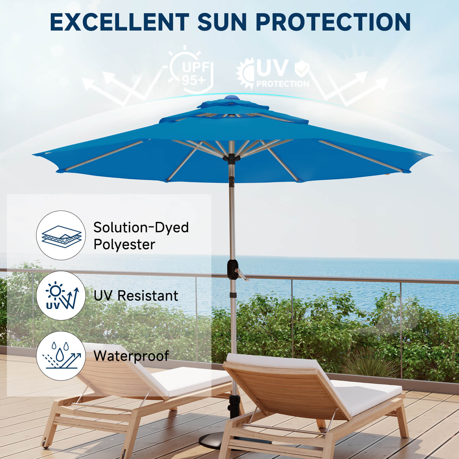 HOMREST 10FT 3-Tier Aluminum Outdoor Patio Umbrella with Push Button Tilt Function, Royal Blue