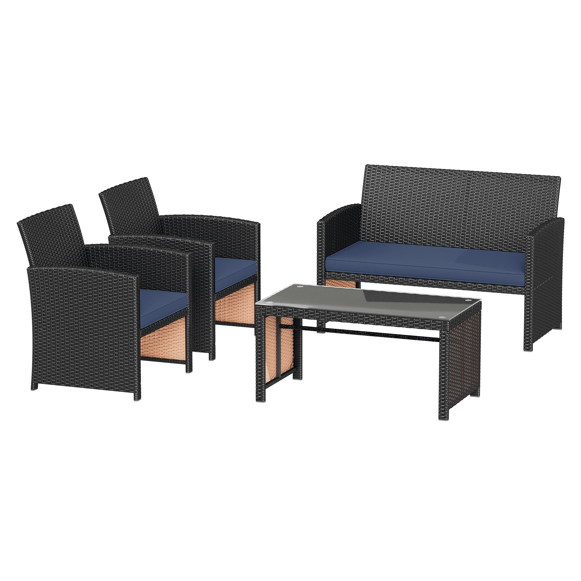 HOMREST 4-Piece Patio Furniture Set, Outdoor Wicker Patio Conversation Set with Cushions, Sofa & Glass Coffee Table, Navy Blue