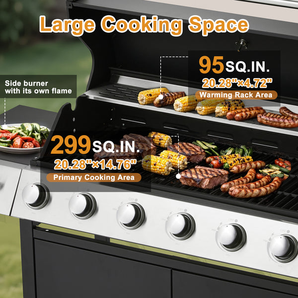 HOMREST Upgraded 60,000 BTU Stainless Steel Burner Barbecue Grill, 6 Burner BBQ Propane Gas Grill with Side Stove & Cast Iron Grates for Patio, Camping, Outdoor Cooking