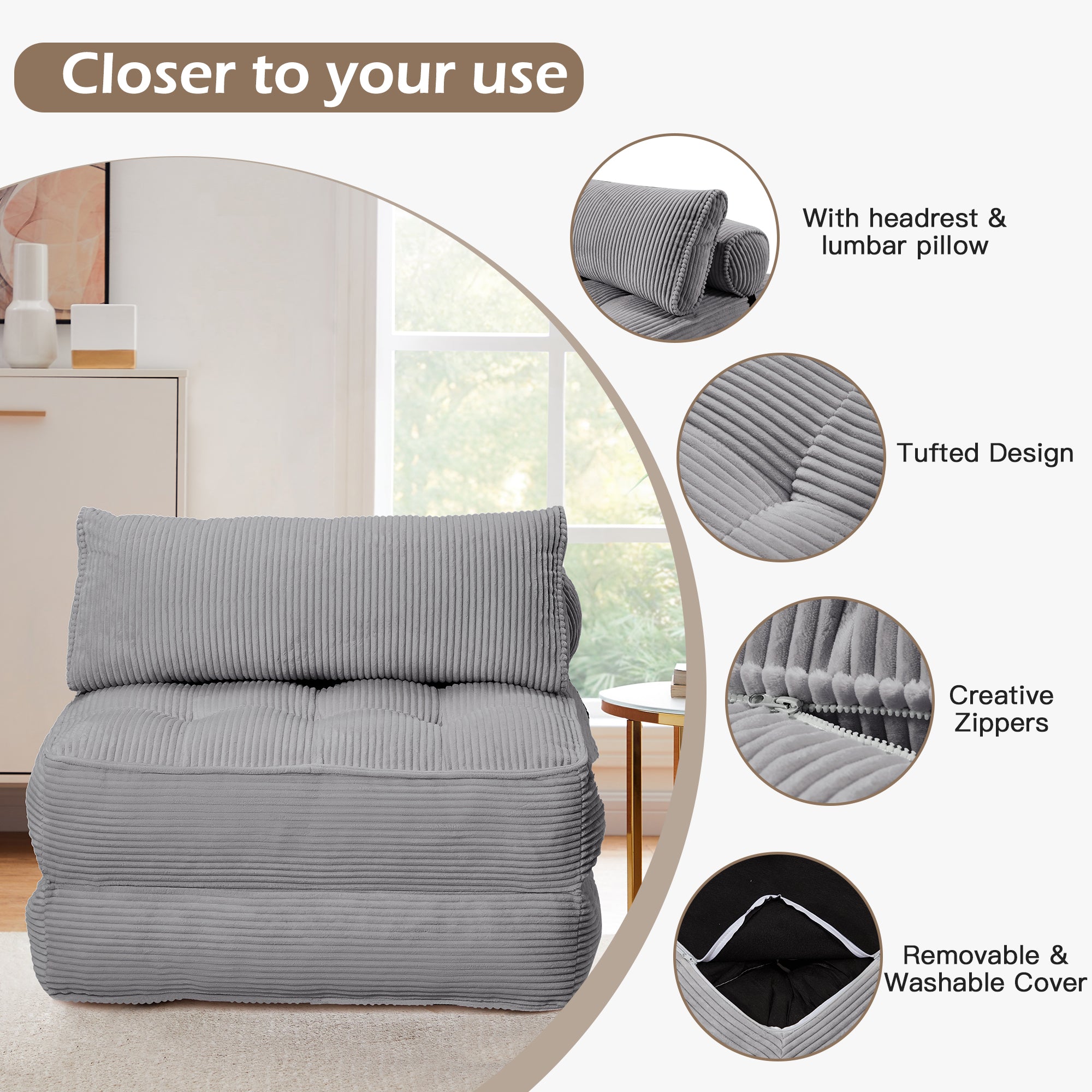 HOMREST Folding Out Chair Bed, Convertible Sofa Bed with 2 Pillows, Gray Blue