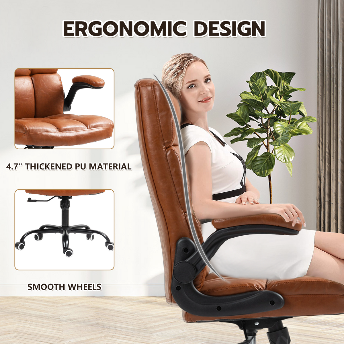 HOMREST Executive Office Chair, PU Leather Ergonomic Comfy Desk Chair, Brown