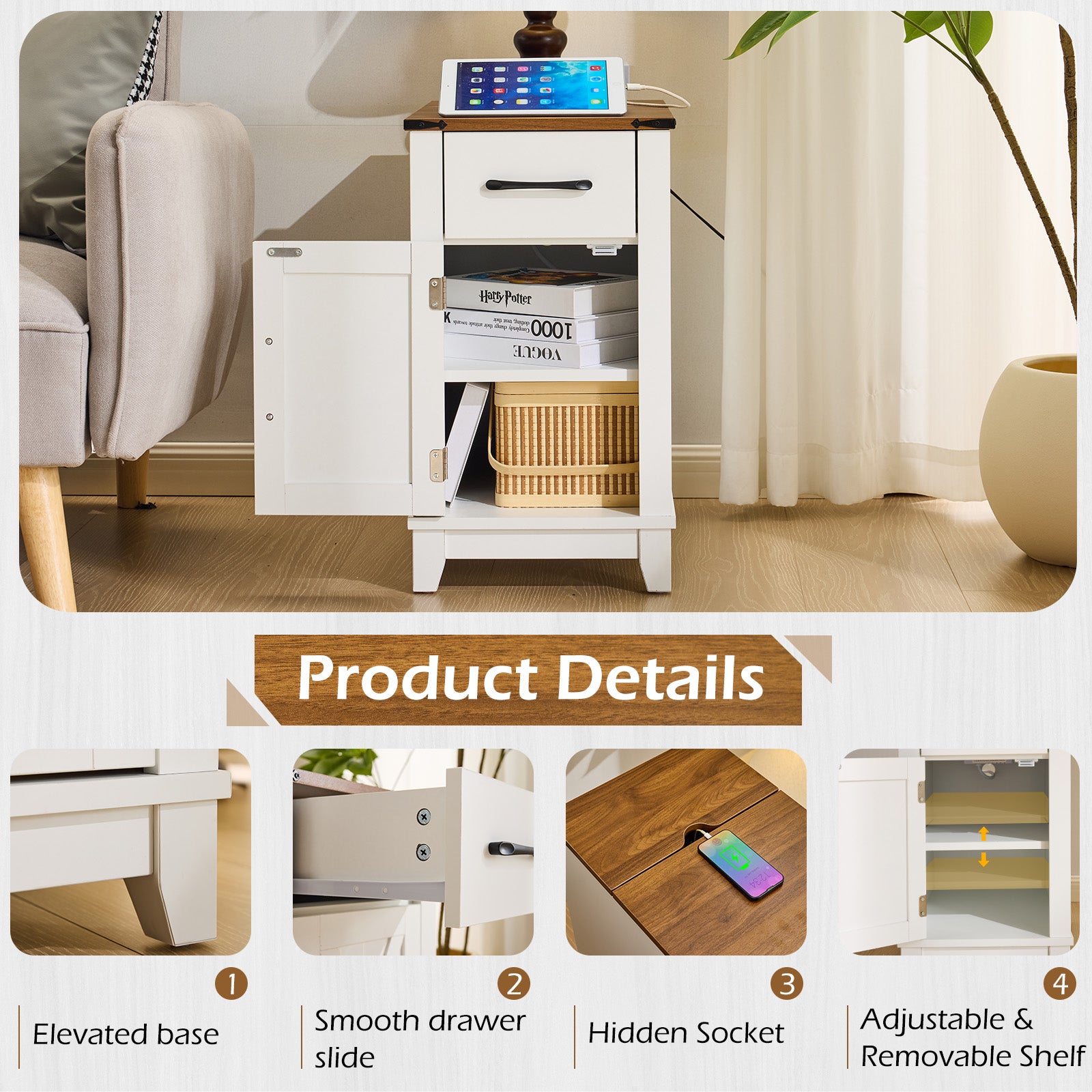 HOMREST Farmhouse End Table with Charging Station, Narrow Side Table for Living Room, Nightstand with Drawer and Storage Cabinet, White