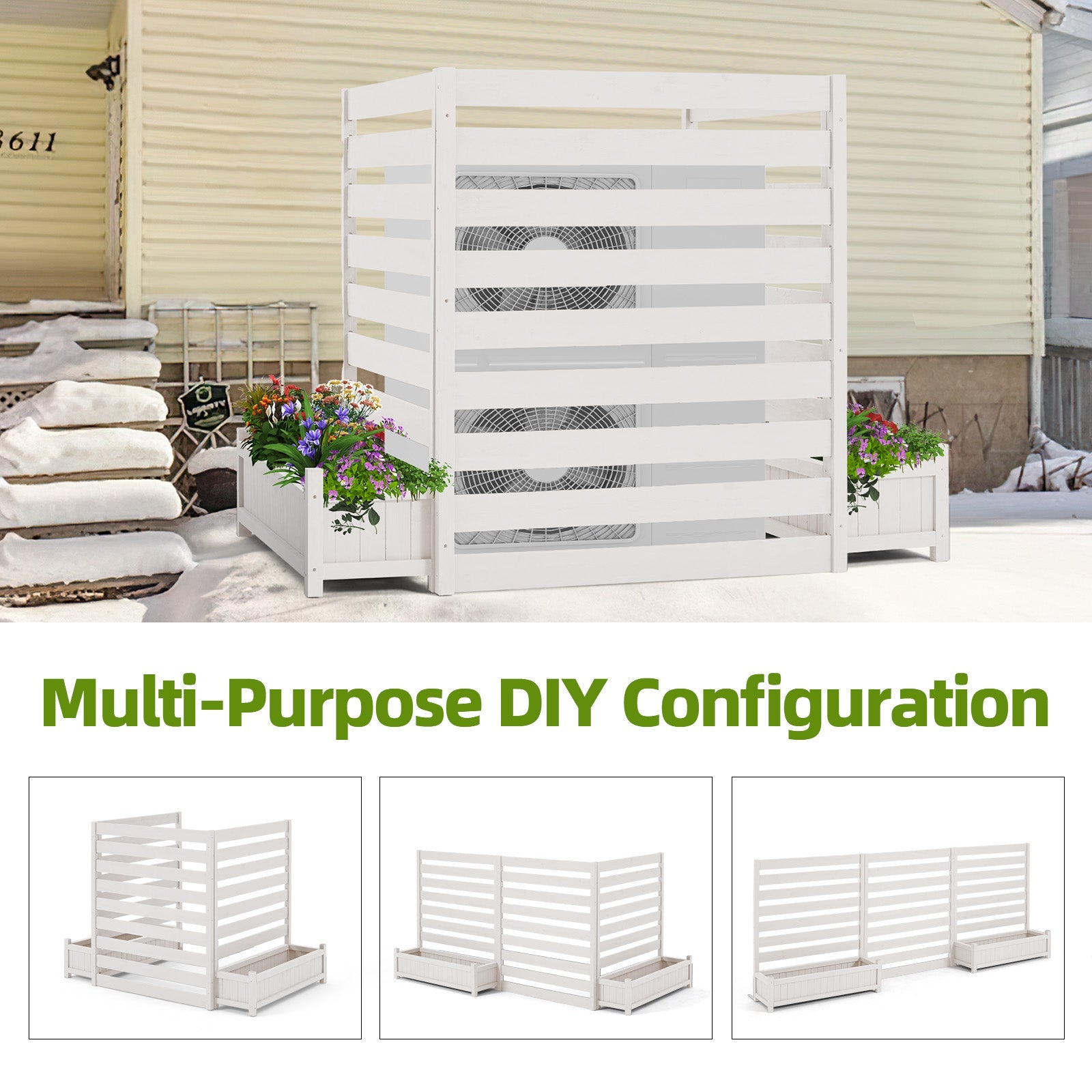 HOMREST 3 Panels No-Dig AC Unit Privacy Fence with Planter Box, 33" W x 39" H, Durable Outdoor Wood Screen to Hide AC & Trash with Floral Bed White