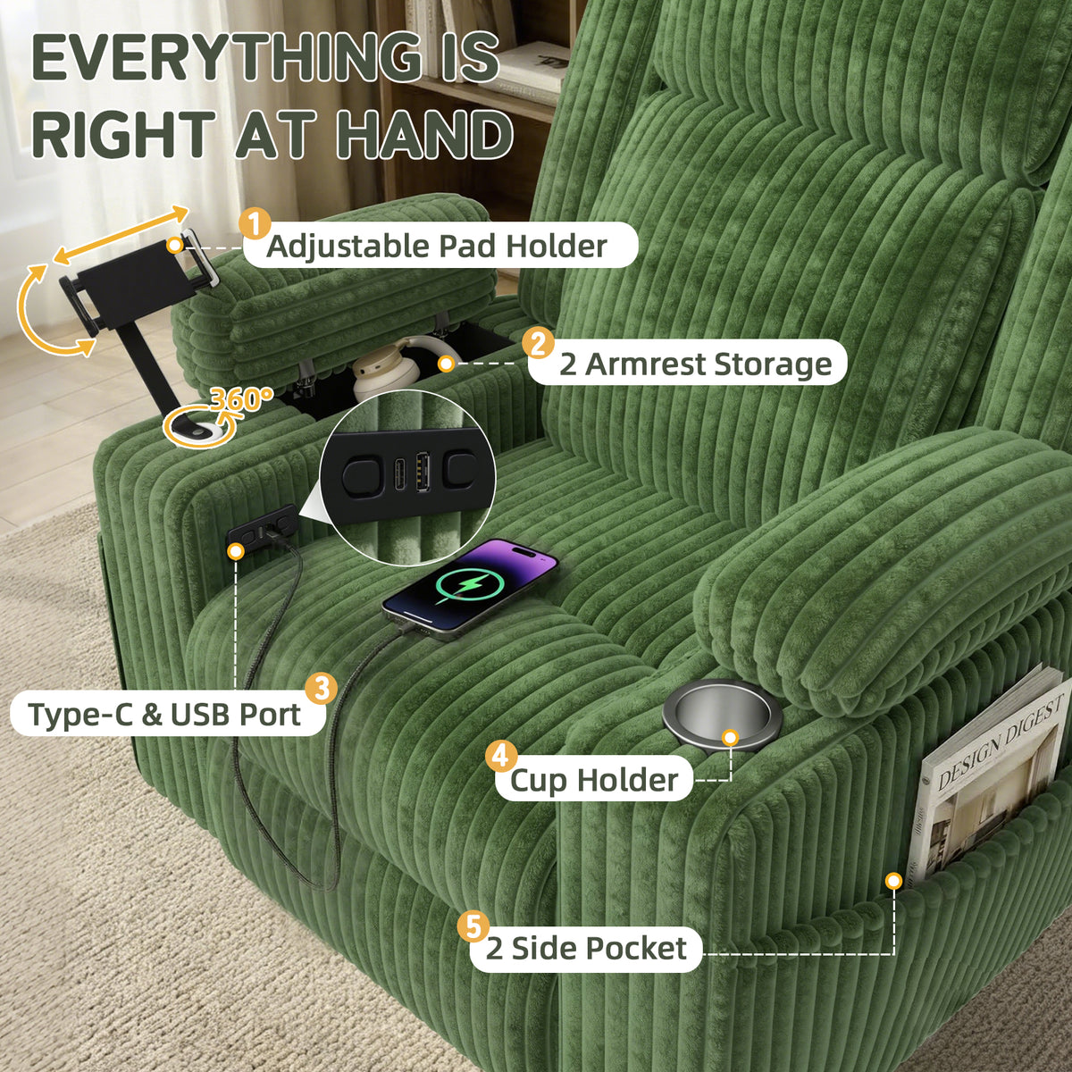 HOMREST Power Oversized Swivel Rocker Recliner with Massage and Heat, Nursery Rocking Chairs for Living Room,Green