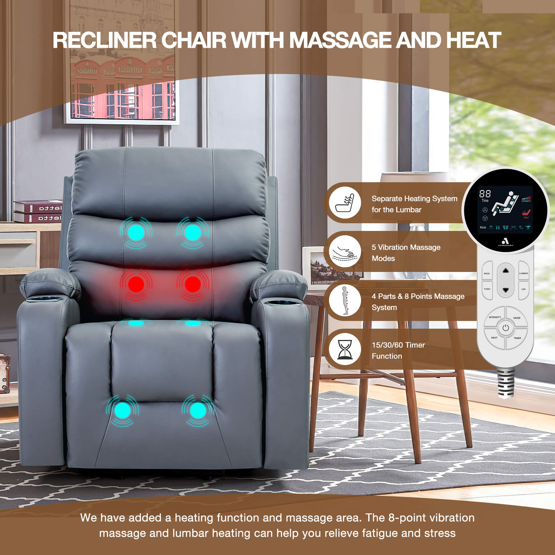 Homrest Power Lift Recliner Chair with Massage & Heat, Cup Holders & USB Port, Blue