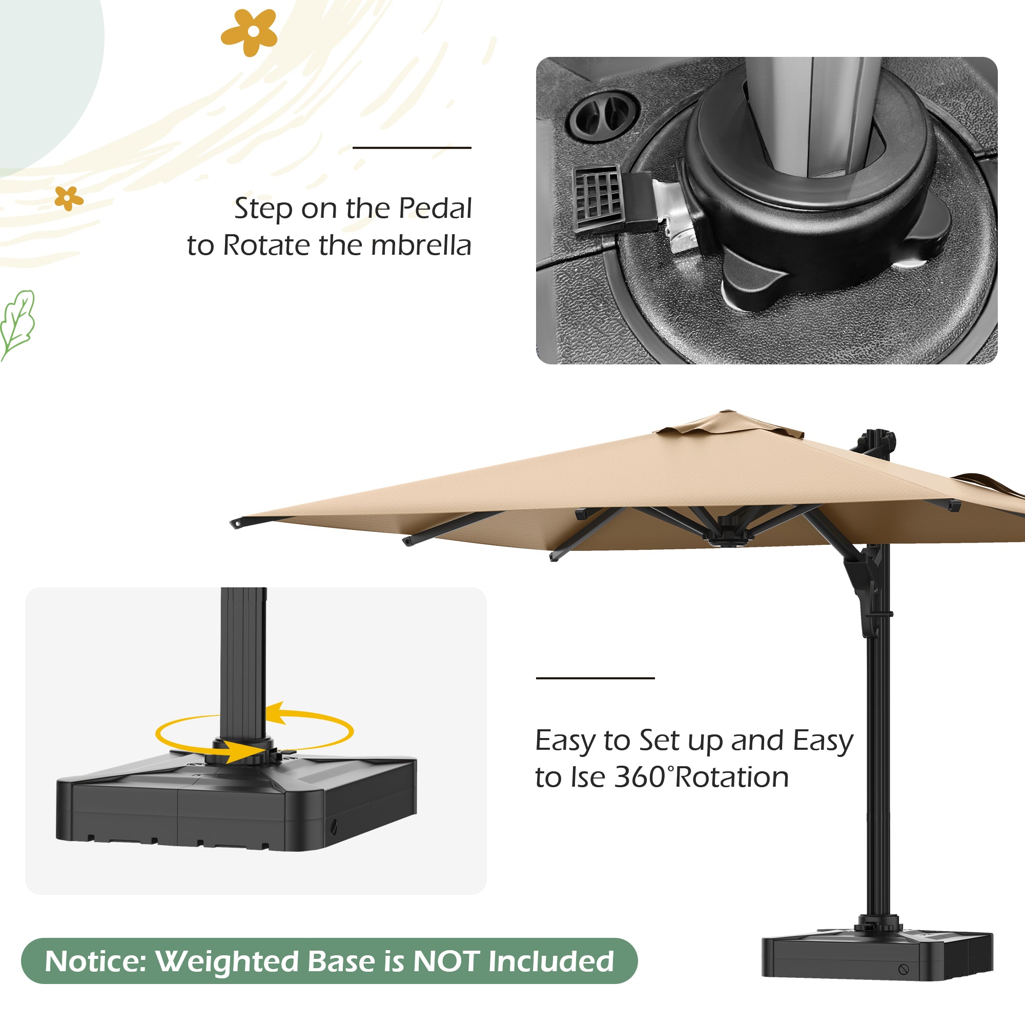 HOMREST 10x10ft Large Rectangular Cantilever Umbrella with 360° Rotation & 6 Adjustable Heights, Brown (Base Excluded)
