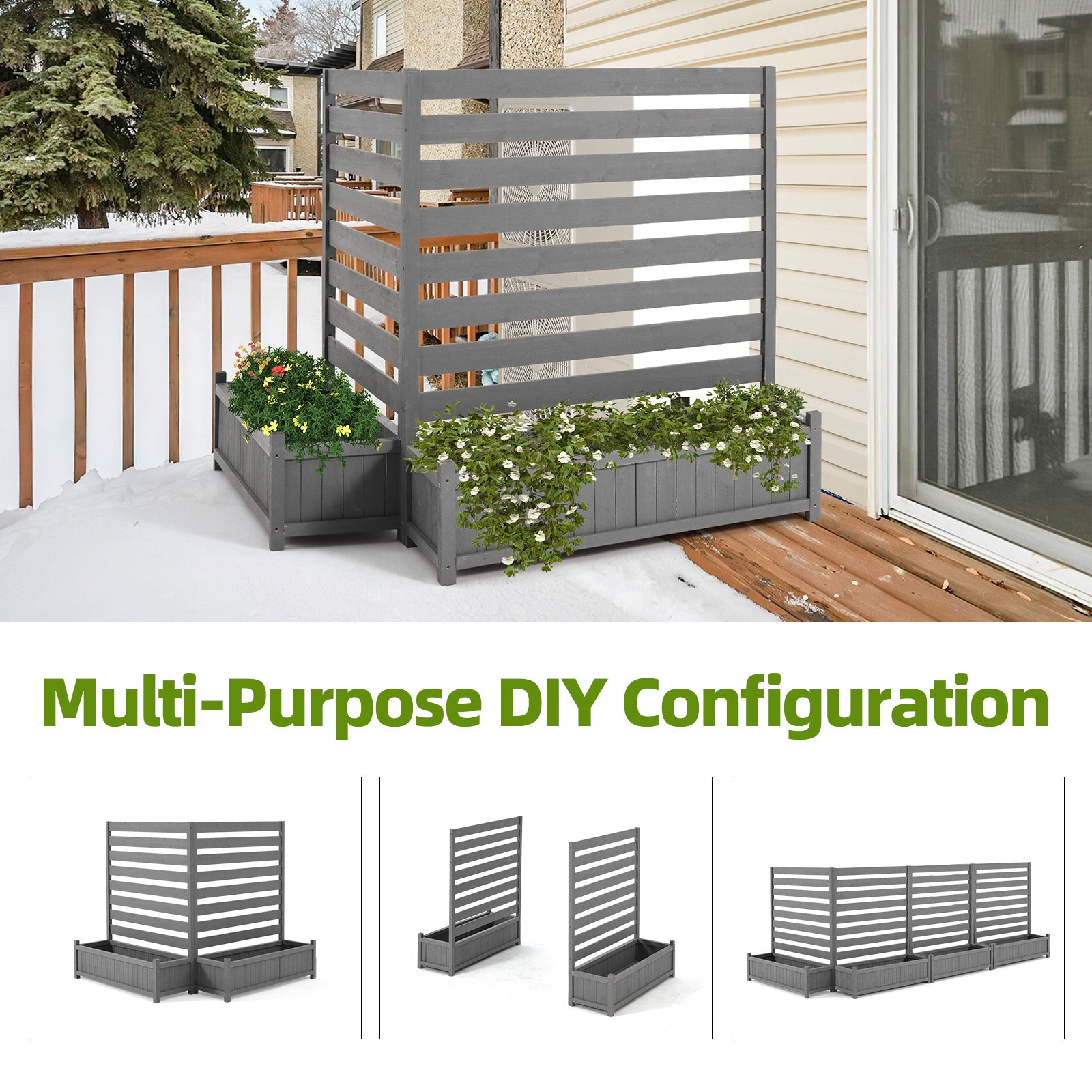 HOMREST 2-Pack No-Dig Privacy Fence Planter 36" W x 45" H, Wood Outdoor Screen for AC Unit, Trash & Flower Bed, Weather-Resistant, Grey