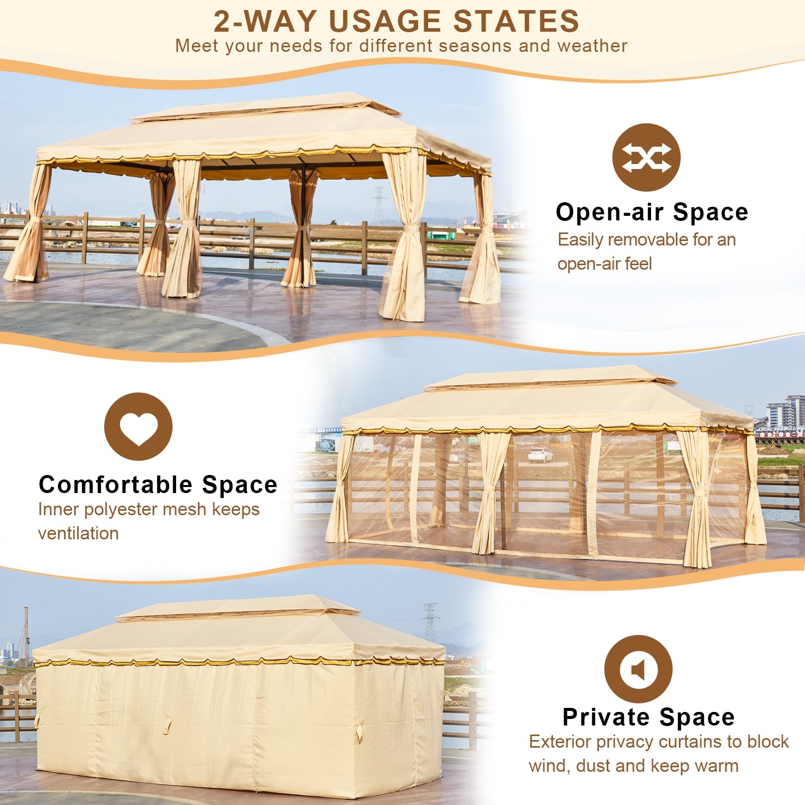 Homrest 10x20 Outdoor Canopy Gazebo with Netting and Shade Curtains, Beige