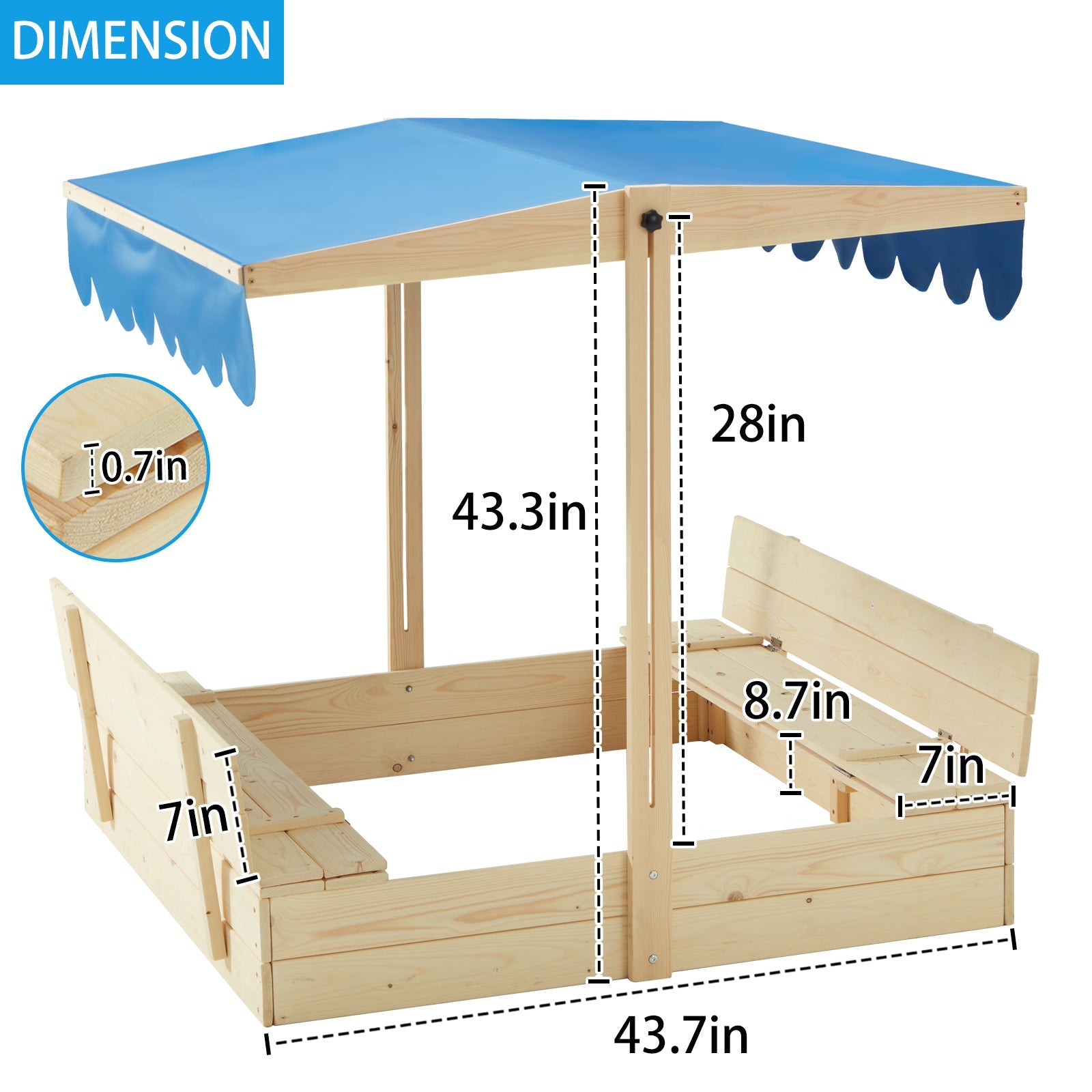 Homrest Kids Wooden Outdoor Sandbox with UV50 Sun/Sand Protection Liner Function Canopy, 2 Foldable Bench Seats, Height Adjustable Roof