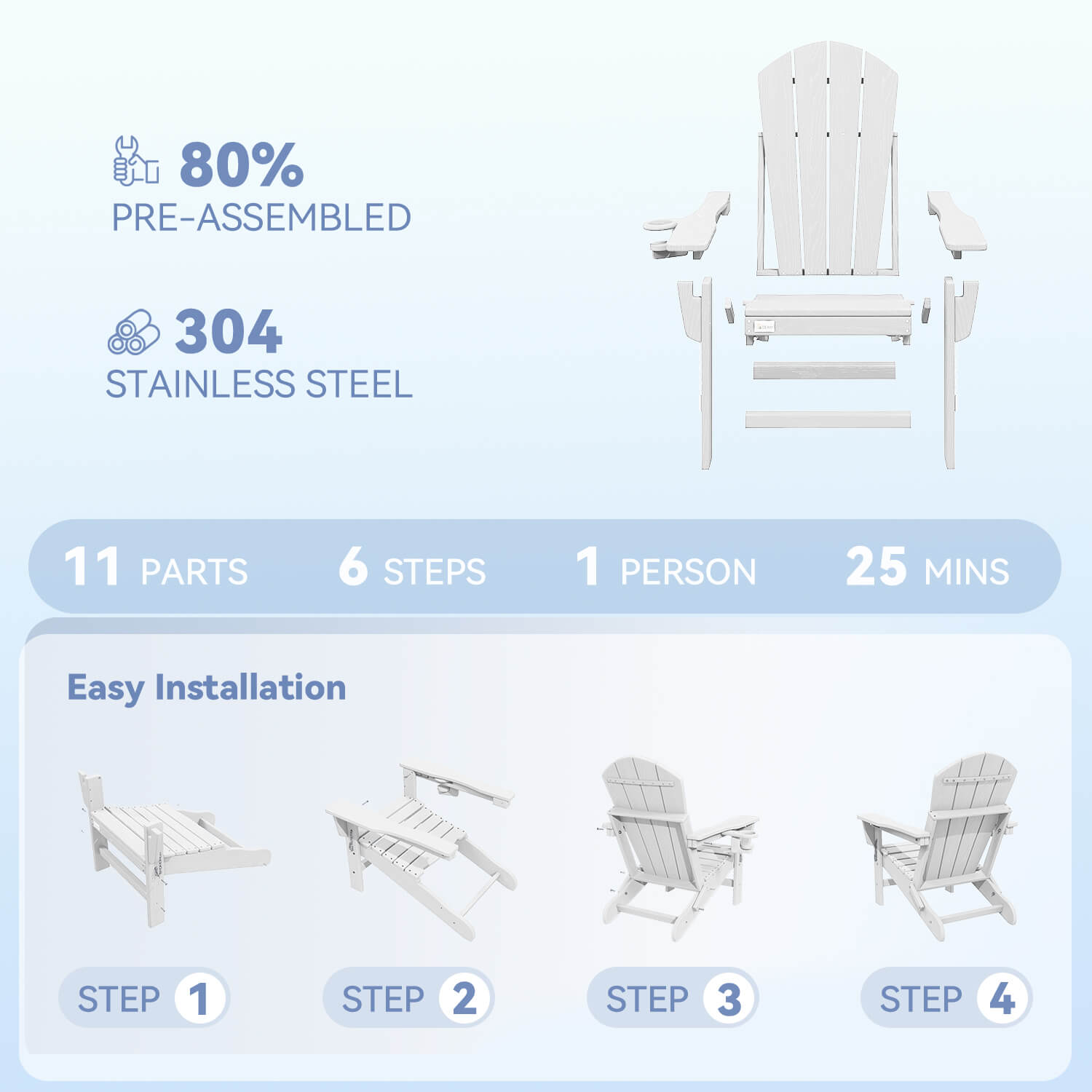 HOMREST 3-Position Adjustable Adirondack Chairs Set of 4, 400LBS HDPE Folding Outdoor Chairs with Cup Holder, White