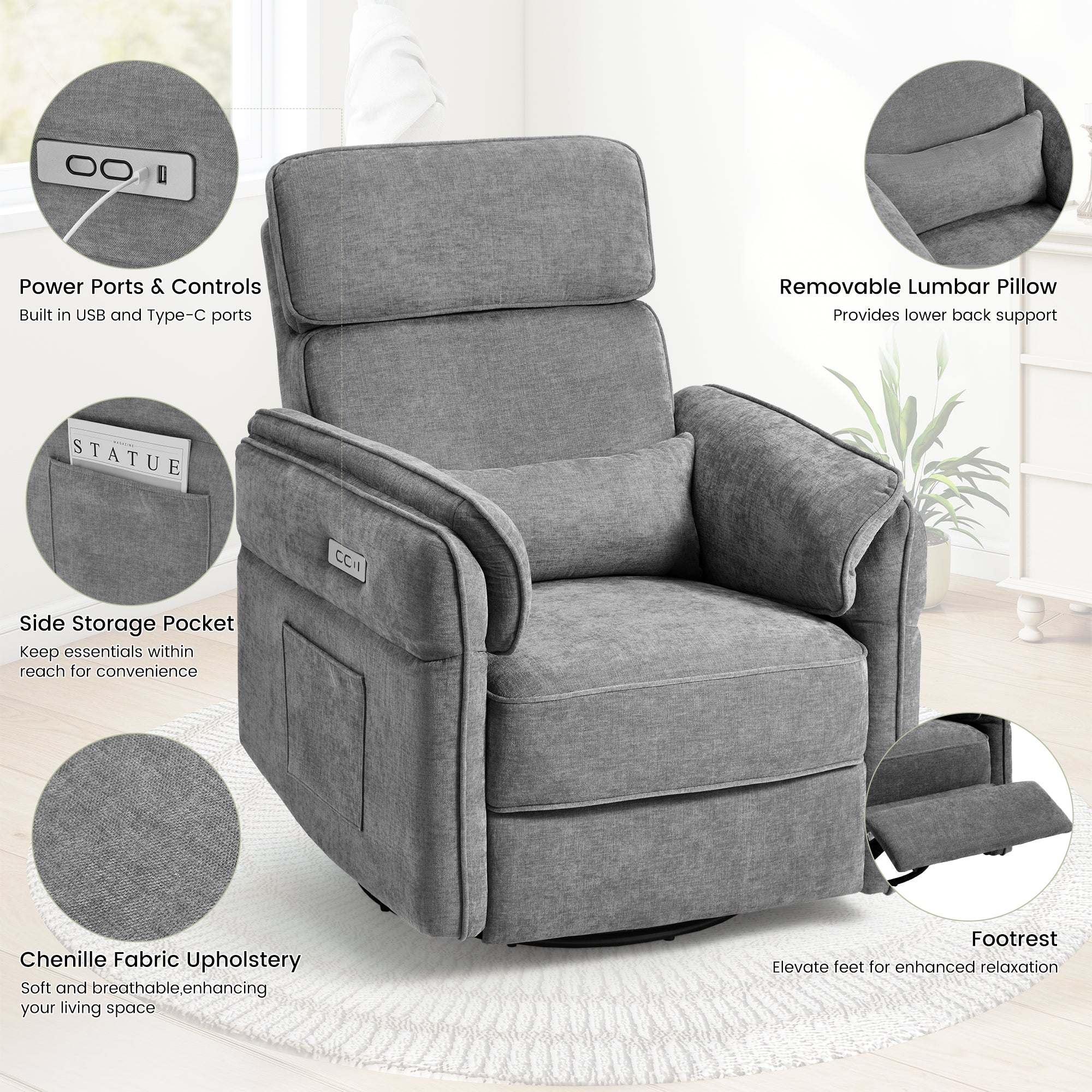 HOMREST Power Swivel Rocking Recliner Chair with Adjustable Headrest and Armrests for Living Room, Nursery, Gray