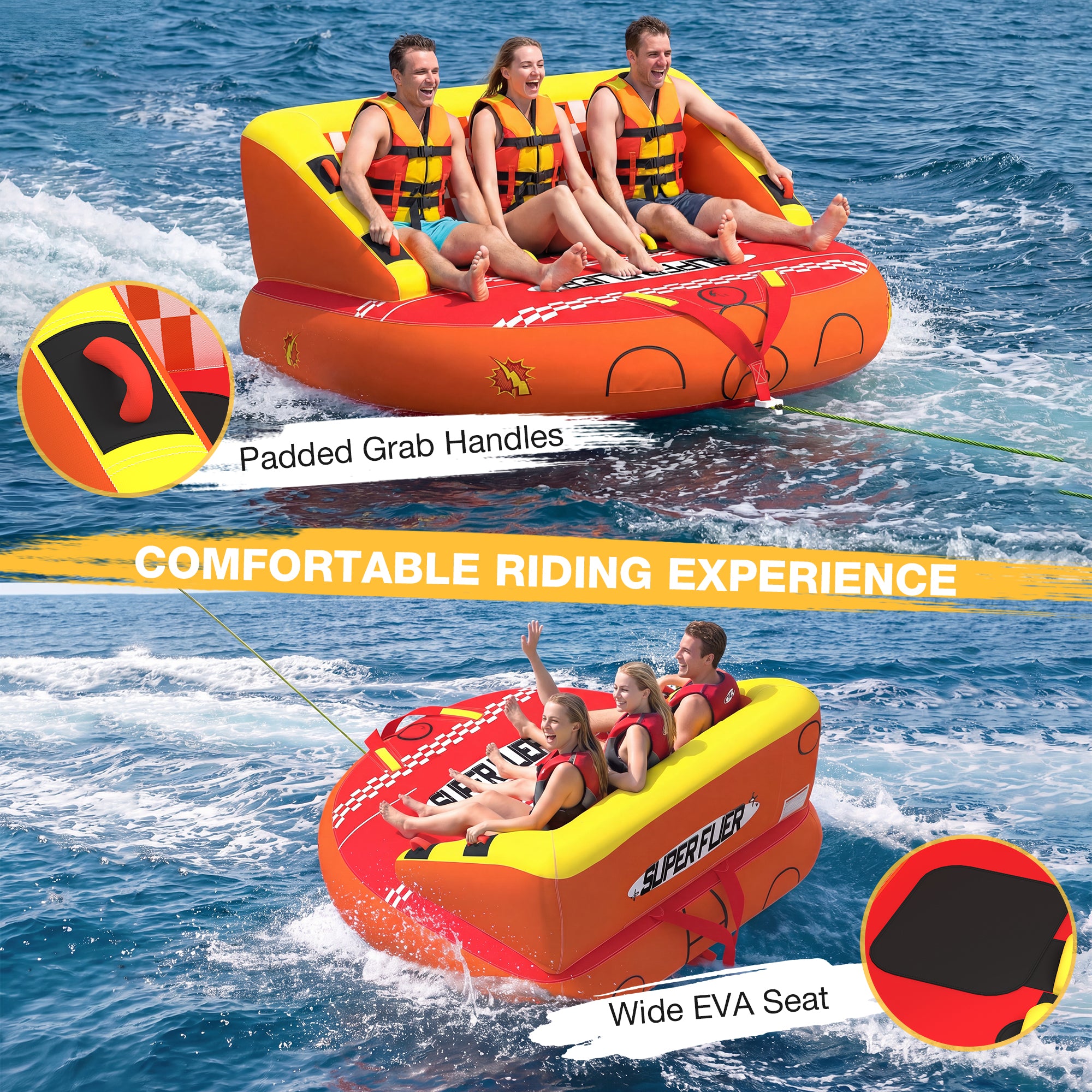 HOMREST 3-Person Towable Tubes for Boating, Front/Back Tow Points Sofa Couch Style Boat Tubes