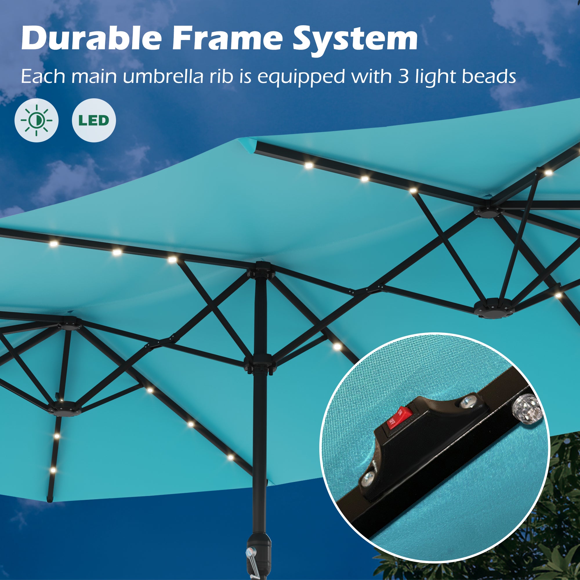 HOMREST 15ft Large Double-Sided Patio Umbrella with Solar LED Lights, Outdoor Crank System, and Base – Perfect for Garden, Deck, Poolside, Bule