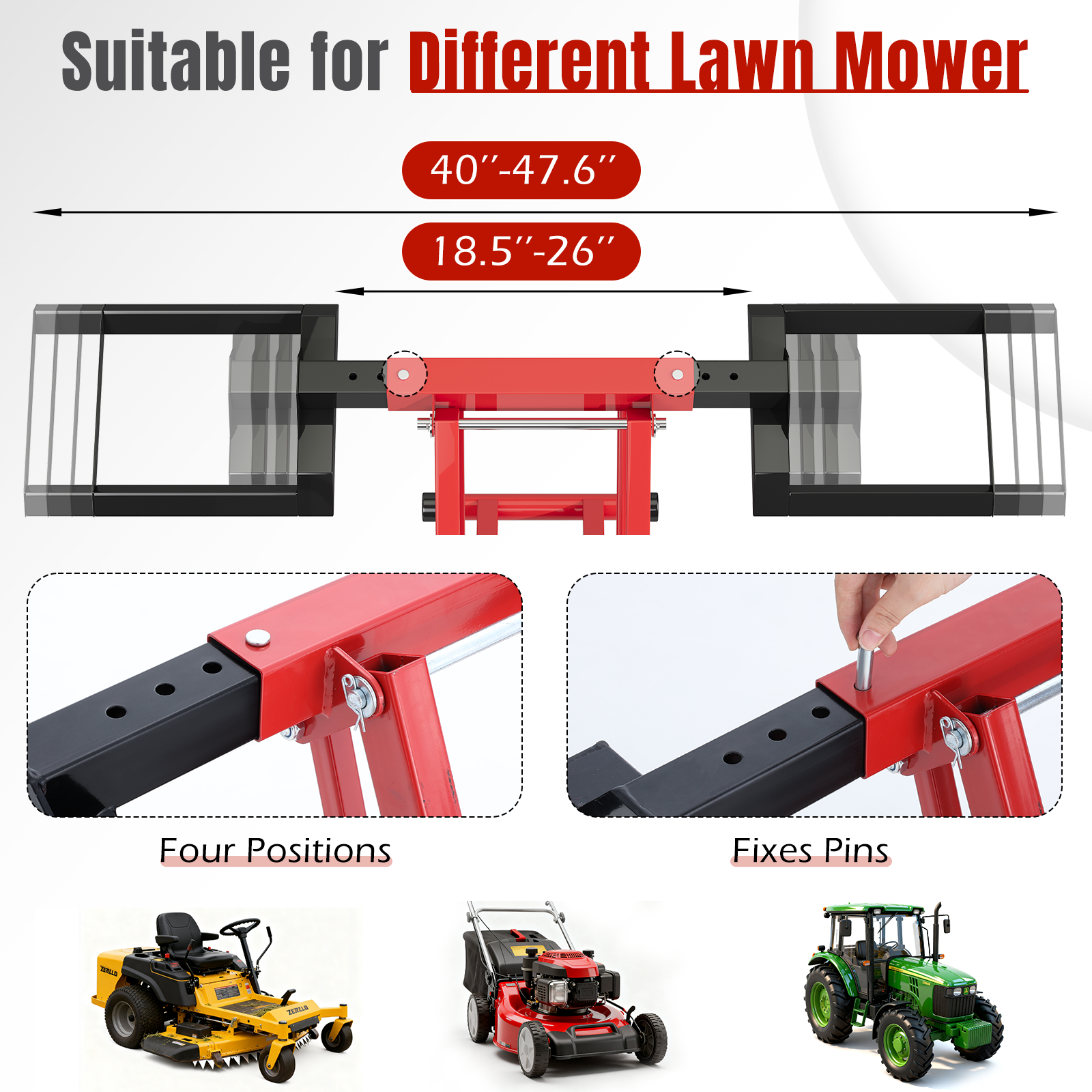 HOMREST 500LB Hydraulic Mower Lift for 40-47.6" Axle, 24" Lawn Tractor Jack with 3-Height Adjustment, Zero Turn Mower Lift for Maintenance & Repair, Red