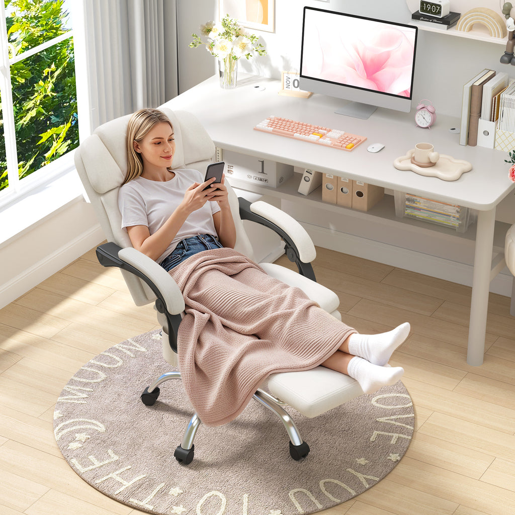 HOMREST 6-Point Massage Office Chair with Heat, Ergonomic Reclining Desk Chair with Footrest, Soft Chenille Fabric Executive Chairs for Home Office, Comfortable Computer Chair Gift for Women, Beige