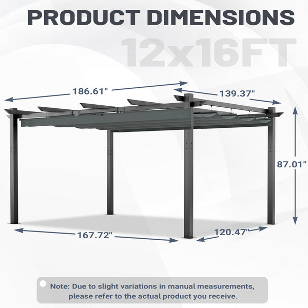 HOMREST Retractable Pergola 12x16 Ft, Outdoor Aluminum Shelter with Dual Adjustable Sun Shade Canopy for Patio Backyard, Locking System Includes Straps & Screws (Gray)
