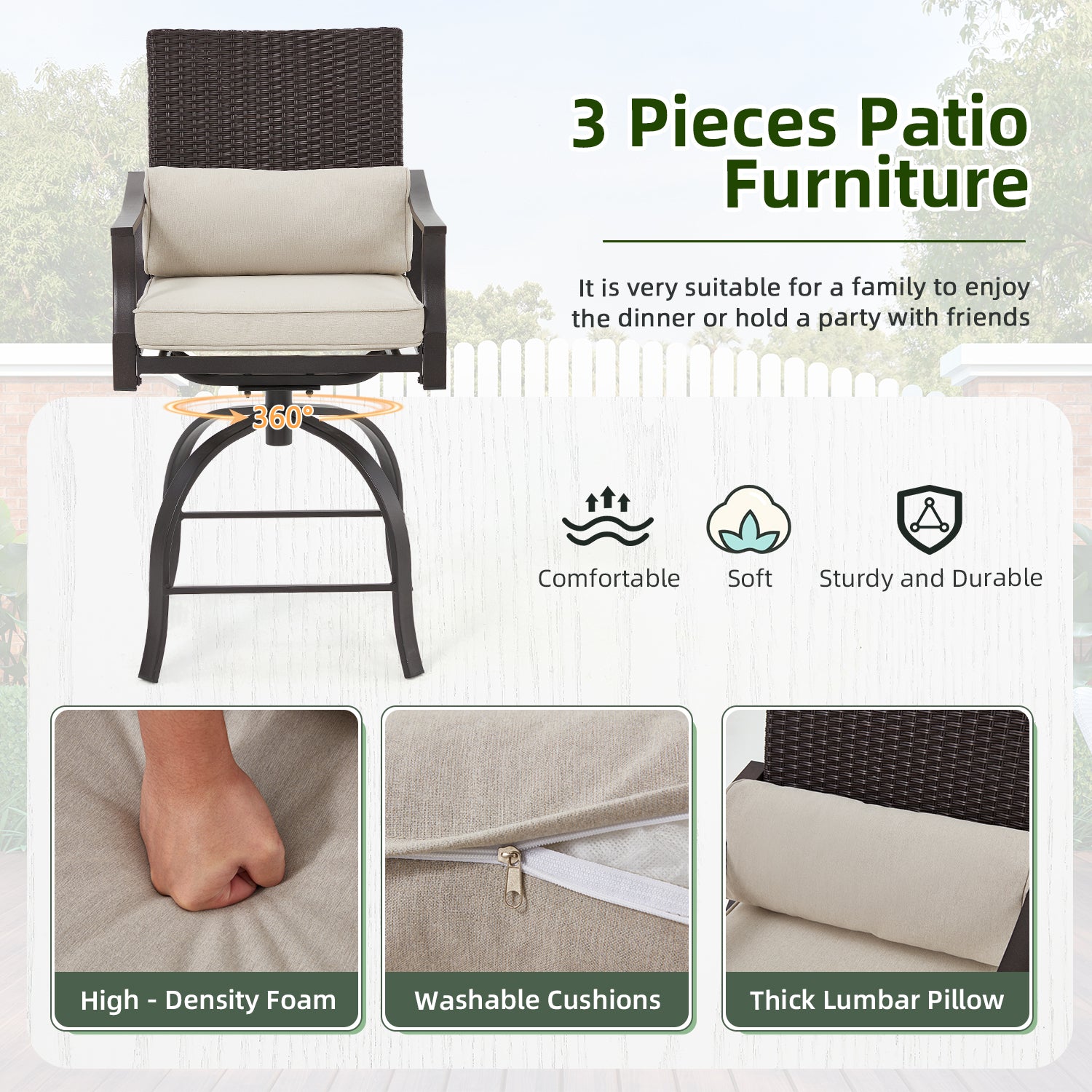 HOMREST 3 Piece Outdoor Patio Set, High Top Patio Bar Set, Beige