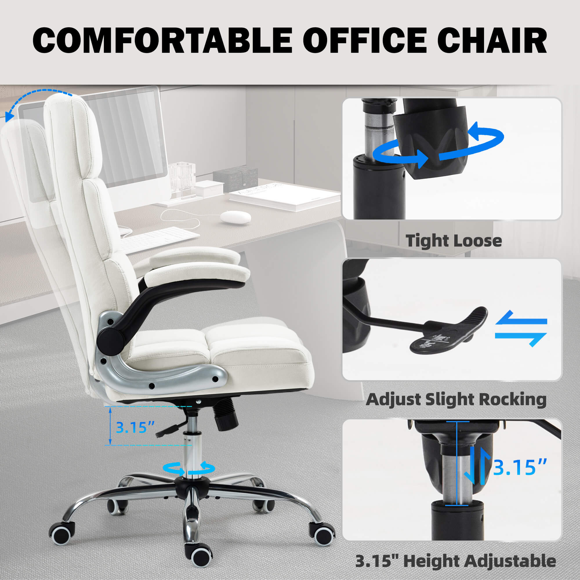 Homrest Ergonomic Flannel Desk Chair with Flip-Up Arms - Beige