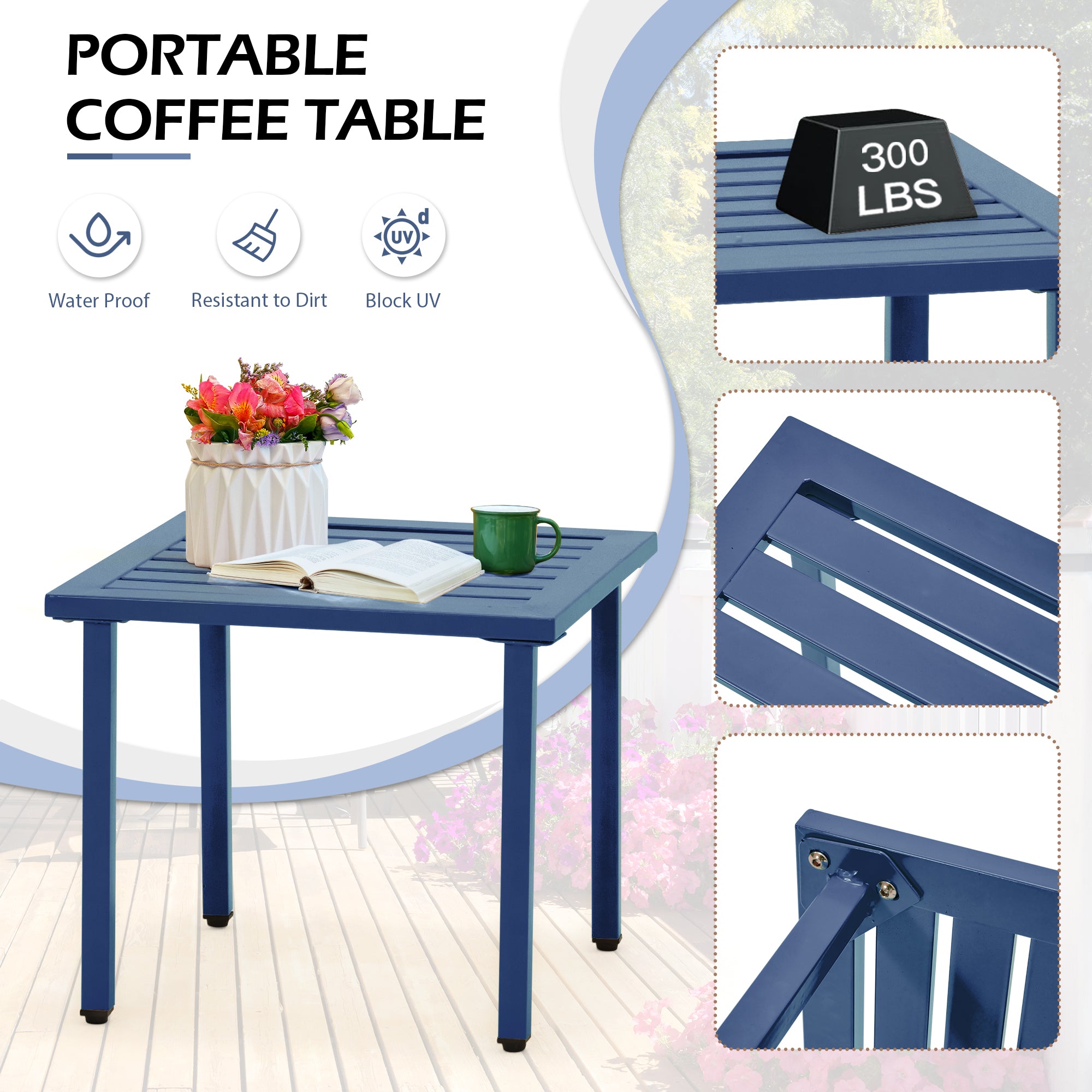 HOMREST 3-Piece Outdoor Bistro Set – Metal Chairs & Table, Floral Back Design, Peacock Blue