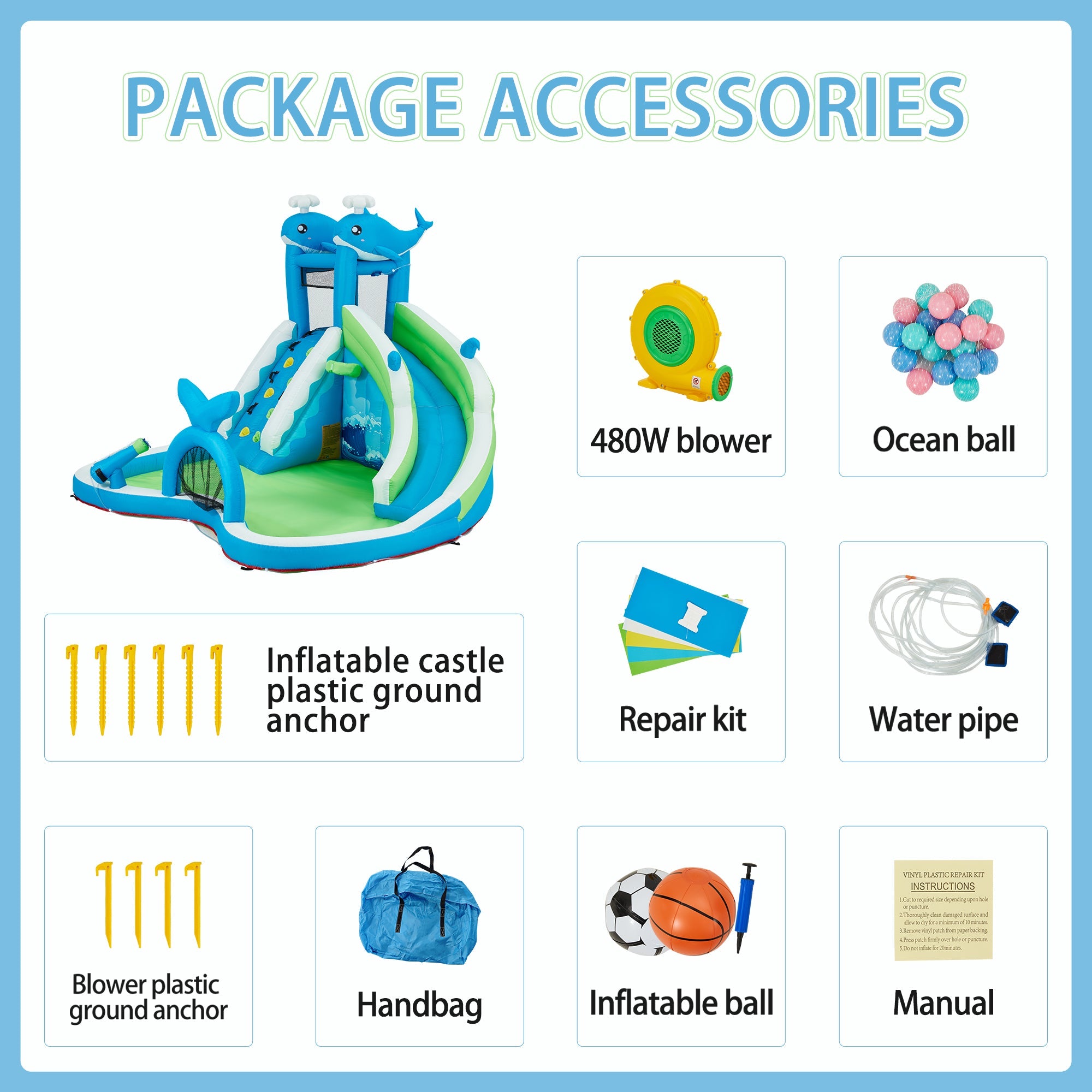 Homrest Inflatable Bounce House, Bounce House with Water Slide for Kids 3-8, Water Slide Bounce House with a Whale Shape, Rock Climbing Wall, Throwing Game, Water Gun Competition, Storage Bag, 480W Blower for Outdoor Backyard