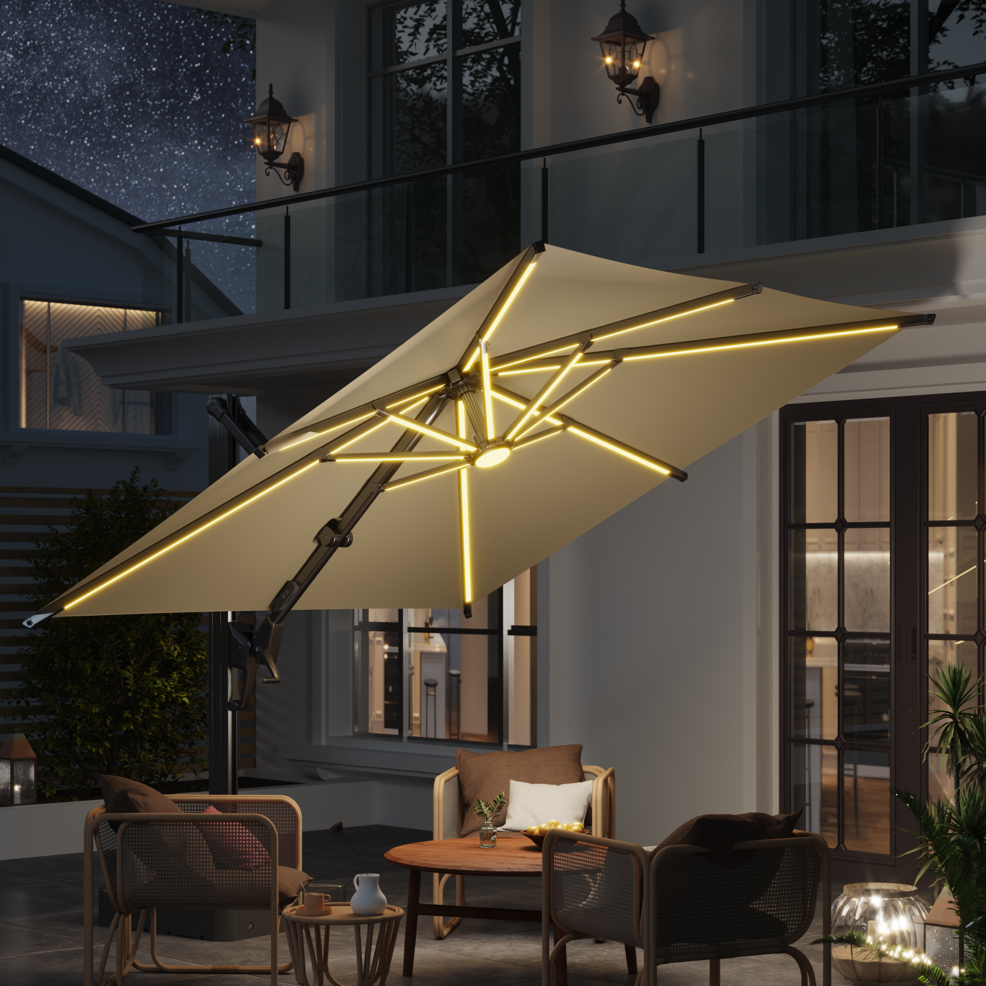 HOMREST 10 X 10 Cantilevered Umbrella with LED Lights(Base Excluded)  - Brown