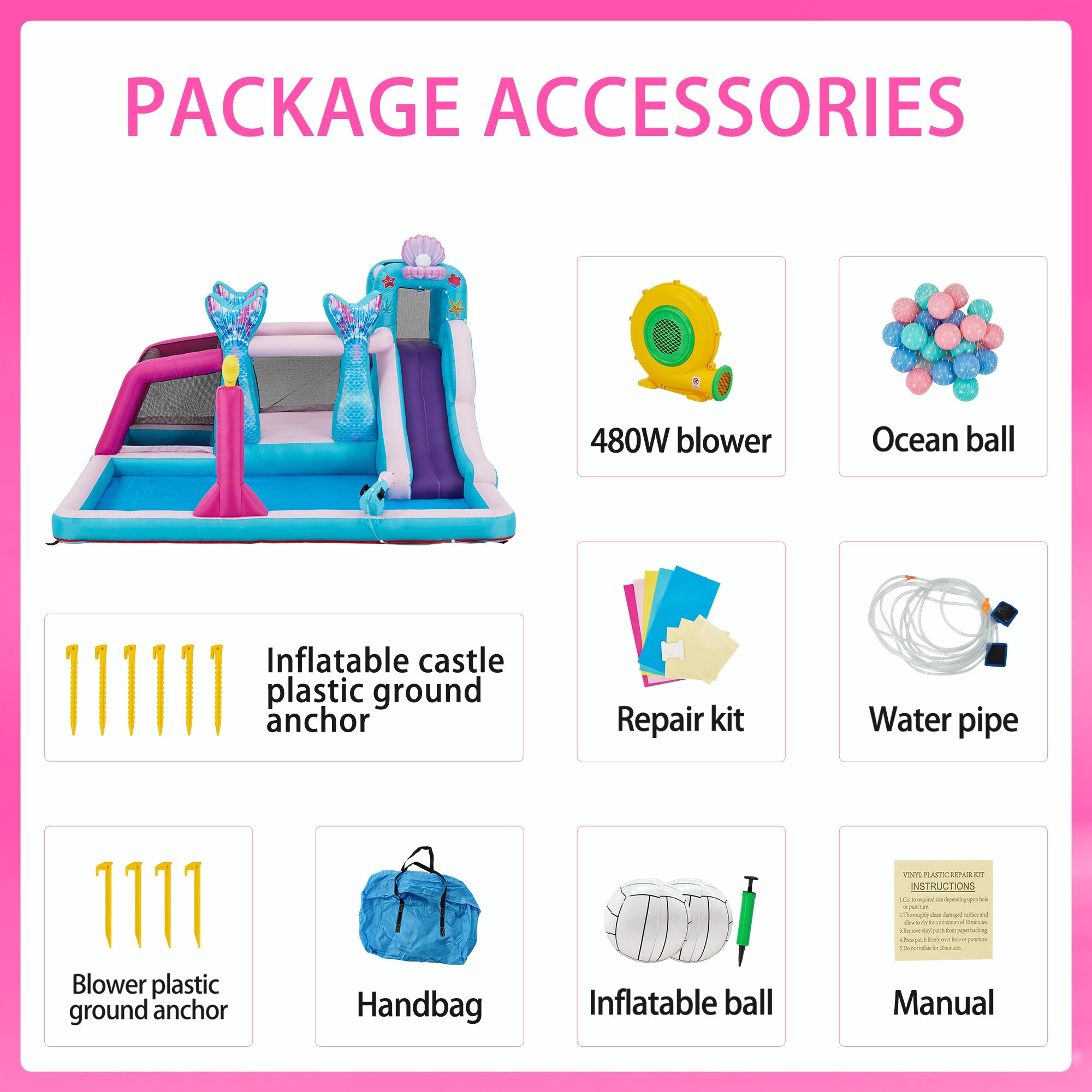 Homrest Inflatable Bounce House, Bounce House with Water Slide for Kids 3-8, Water Slide Bounce House with a Mermaid Shape, Volleyball Match, Trampoline, Water Gun Competition, Storage Bag, 480W Blower for Outdoor Backyard