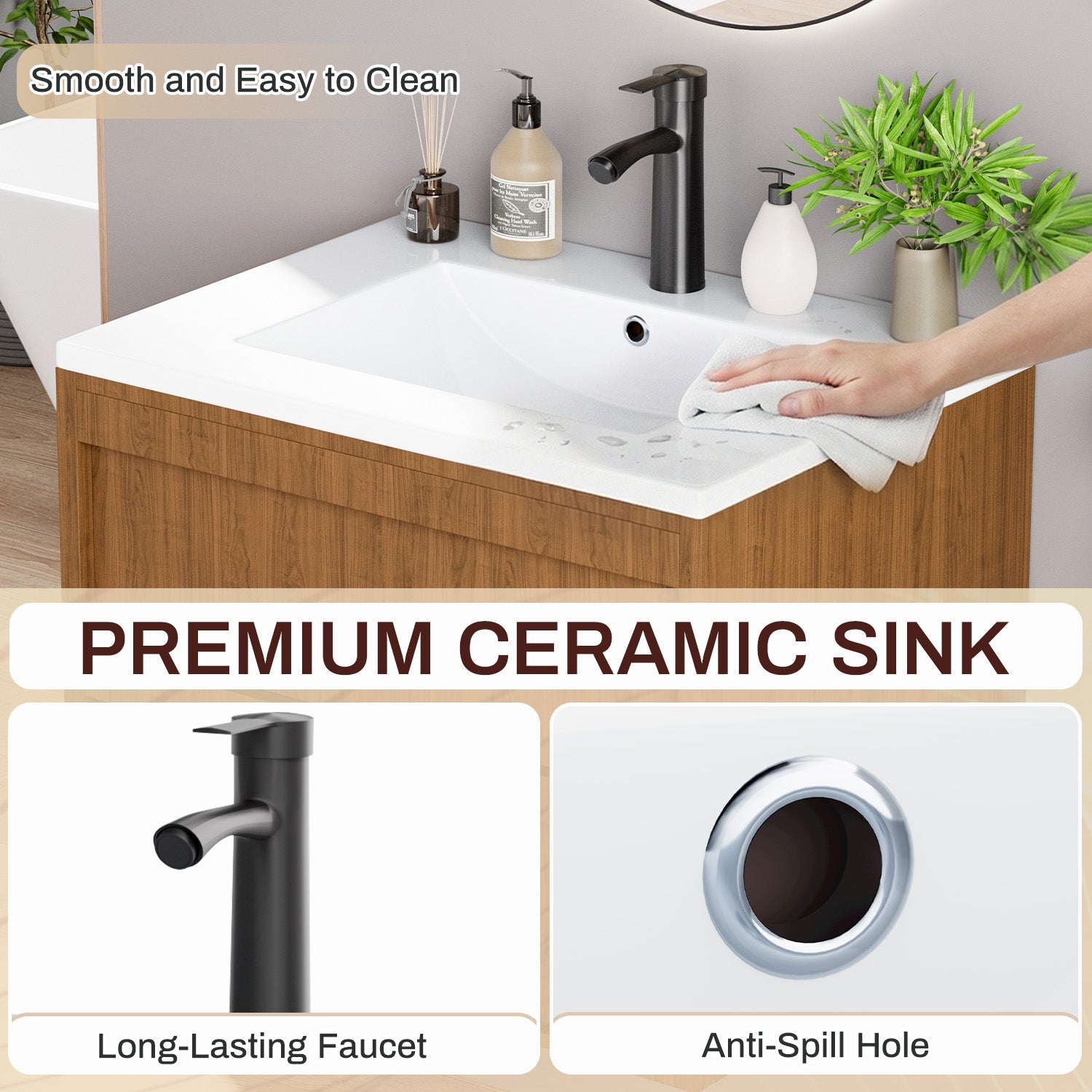 HOMREST 24 Inch Bathroom Vanity with Sink, Floating Bathroom Vanity with 2 Large Storage Drawers, Wood Grain Wall Mounted Bathroom Cabinet,  Brown
