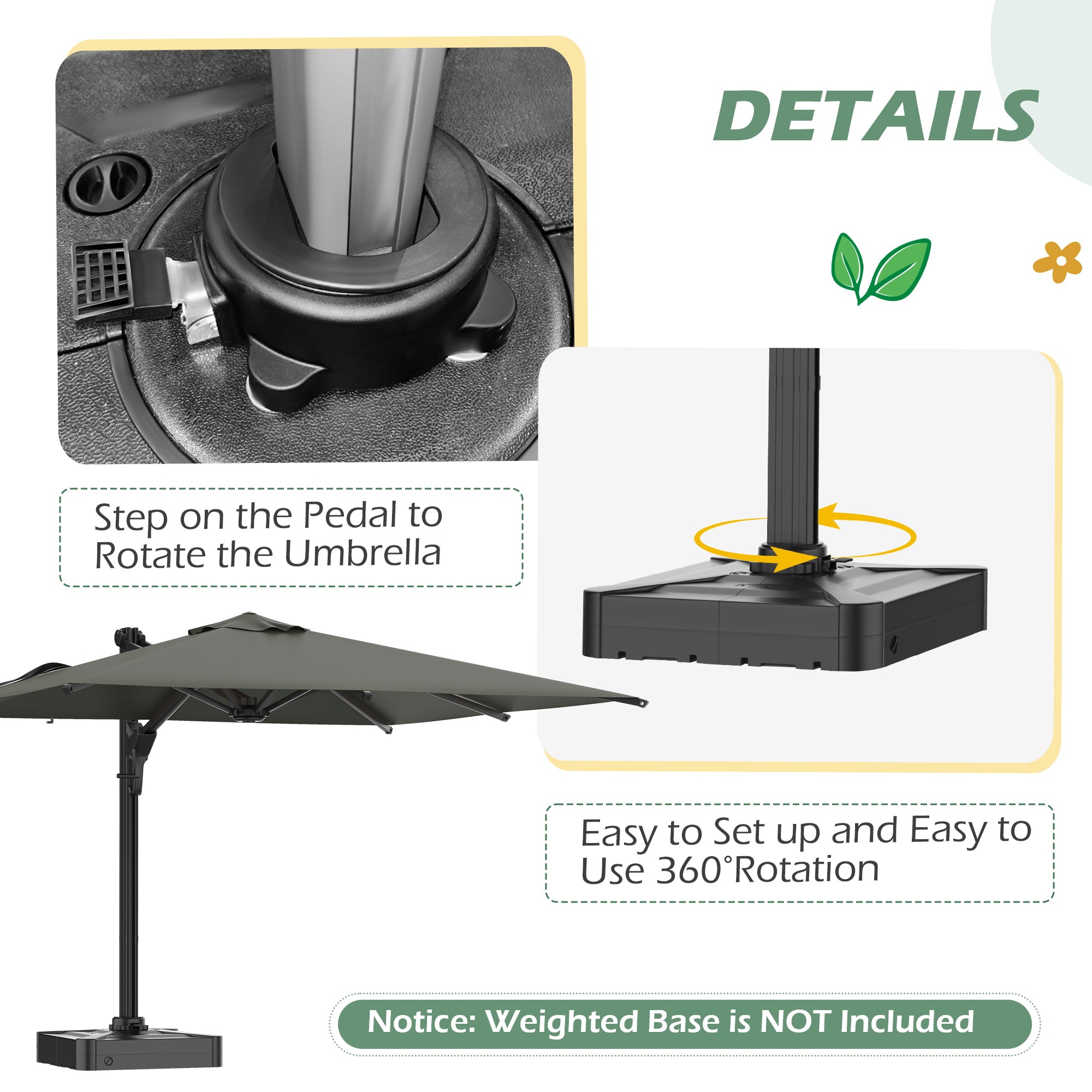 HOMREST 10x13ft Large Rectangular Cantilever Umbrella with 360° Rotation & 6 Adjustable Heights, Outdoor Patio Umbrella for Garden, Pool, Deck, Gray (Base Excluded)