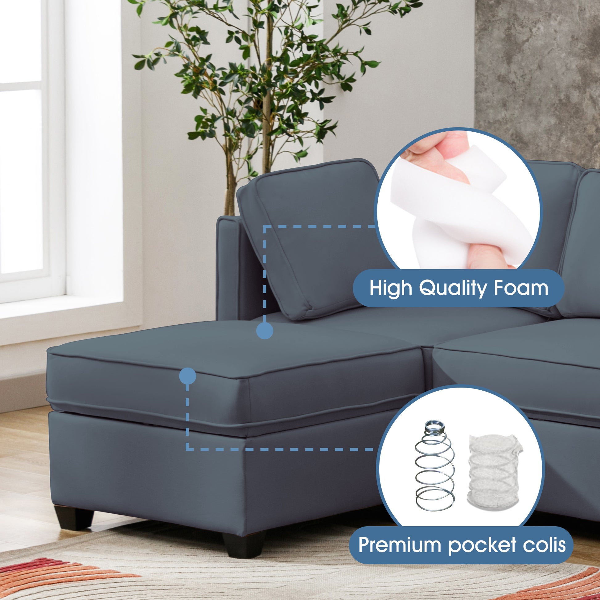 Homrest living room sofa set with storage and adjustable backrest, blue gray