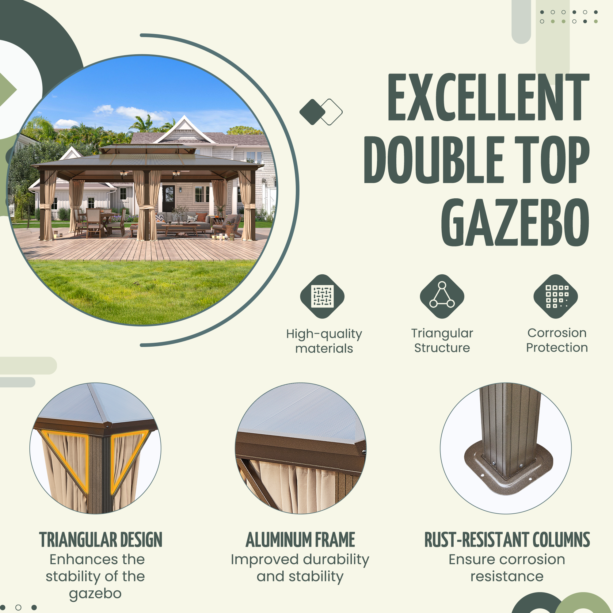 Homrest 12'x20' Hardtop Gazebo, Outdoor Polycarbonate Double Roof Canopy, Aluminum Frame Permanent Pavilion