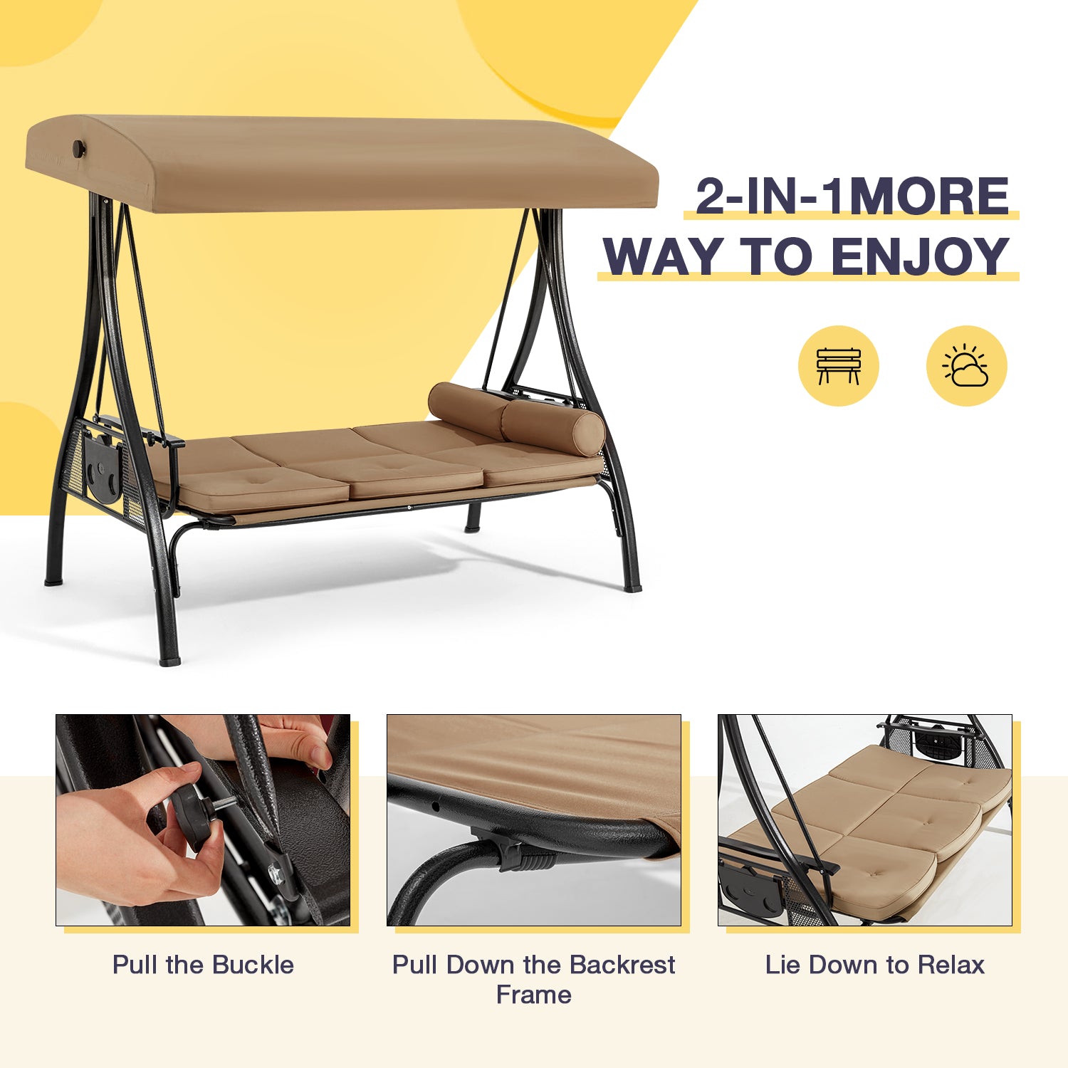 3-Seat Outdoor Porch Swing with Adjustable Canopy and Backrest, Brown | Homrest Furniture