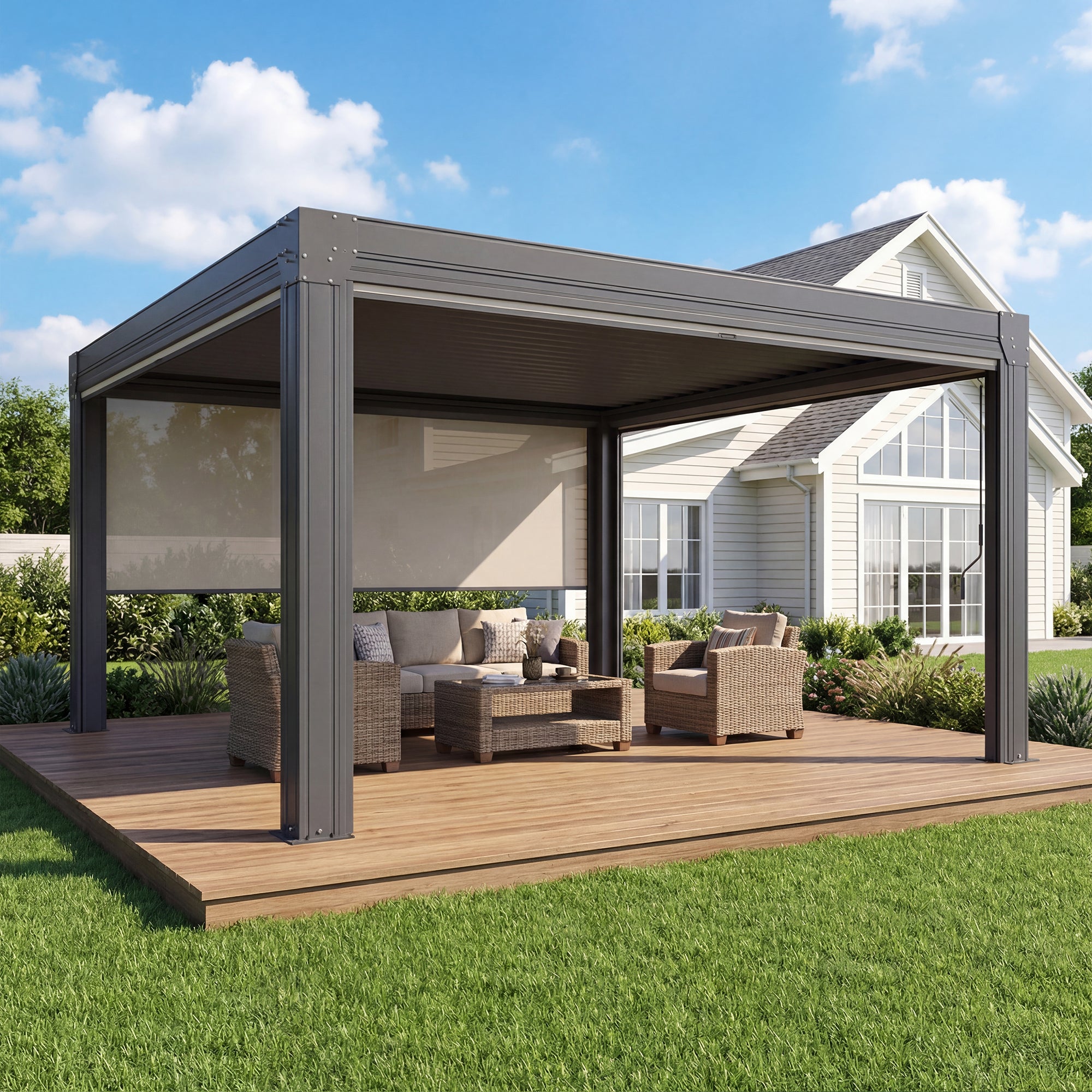 HOMREST 12' x 12' Louvered Pergola with Pull-Down Screens, Aluminum Outdoor Pergola with Retractable Roof for Patios, Decks & Backyards, Black