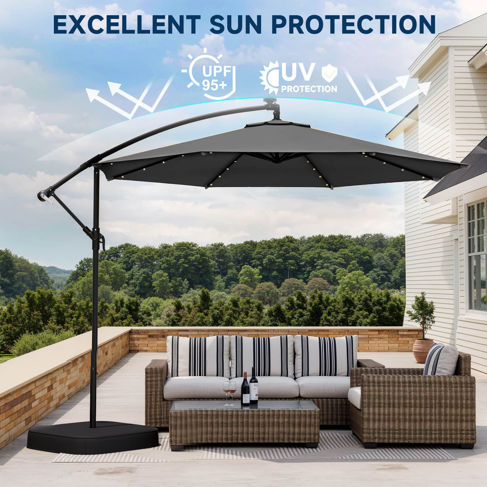 Homrest 10ft Solar Lighted Patio Umbrella with Base, Outdoor Cantilever Umbrella, Infinite Tilt,Grey