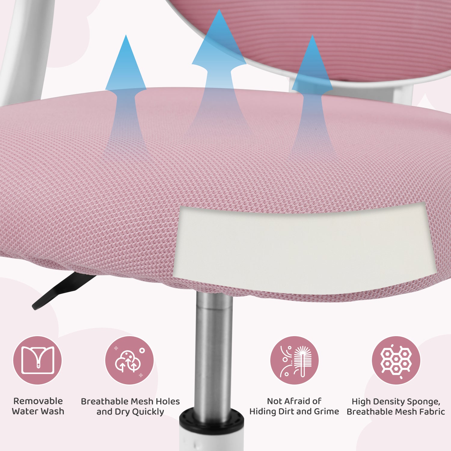 HOMREST Kids Desk Chair,Ergonomic Study Chairs with Adjustable Height,Breathable Mesh Removable,Non-Slip Footrests, Pink