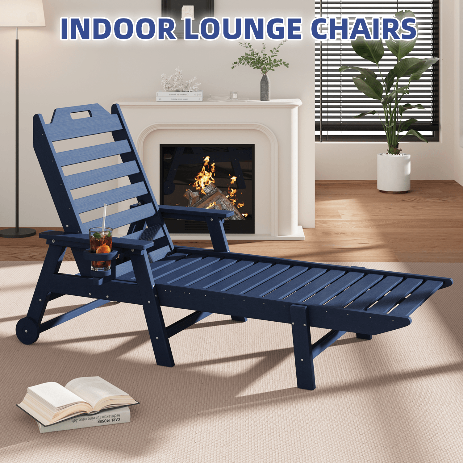 HOMREST 22" W Oversized Chaise Lounge Chairs, Adjustable HDPE Outdoor Chairs with Wheels & Cup Holder, Navy Blue