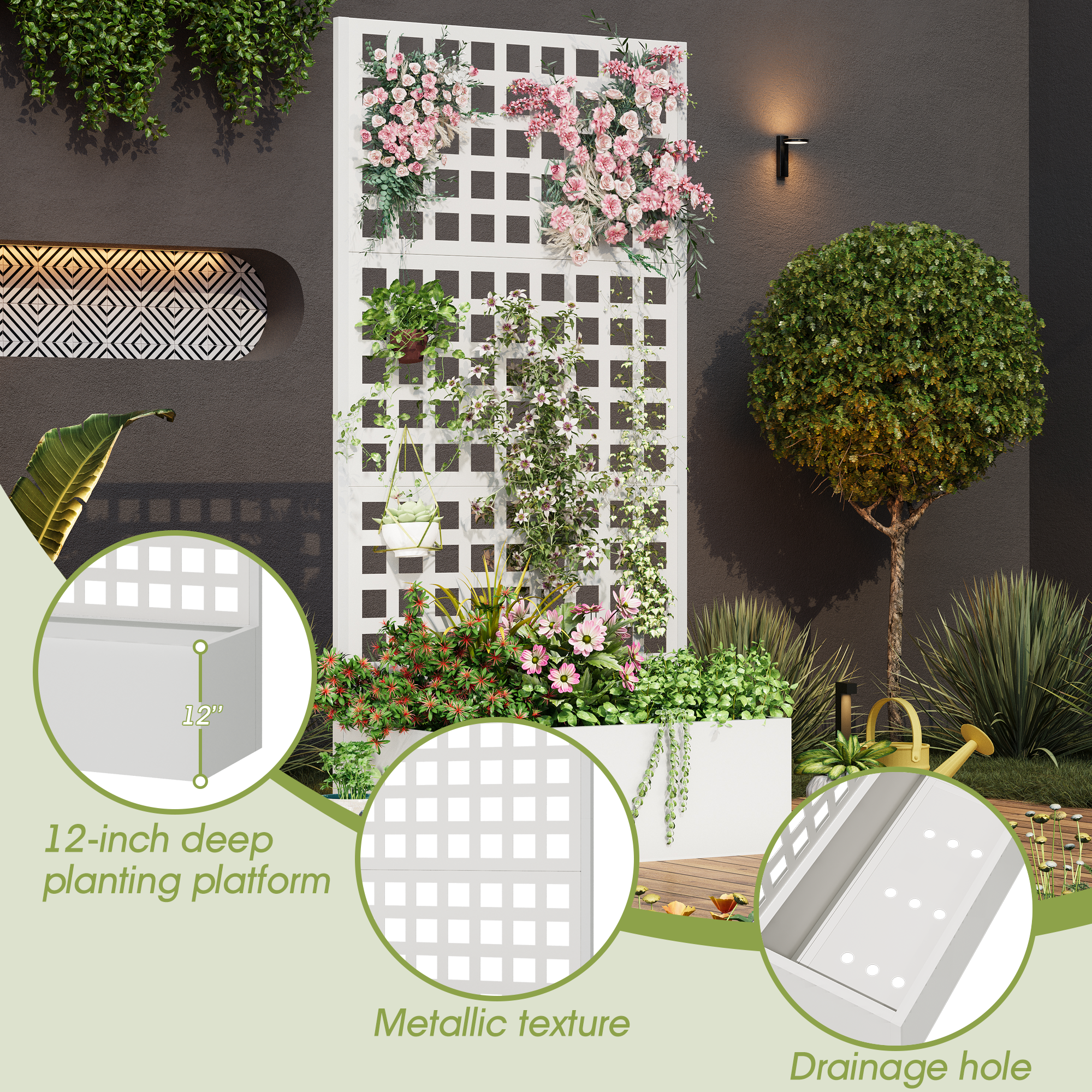 HOMREST Metal Planter Box with Trellis, 71"x 35"x 16" Raised Garden Bed with Trellis, Planter Box Trellis with Privacy Screen and Drainage Holes, White