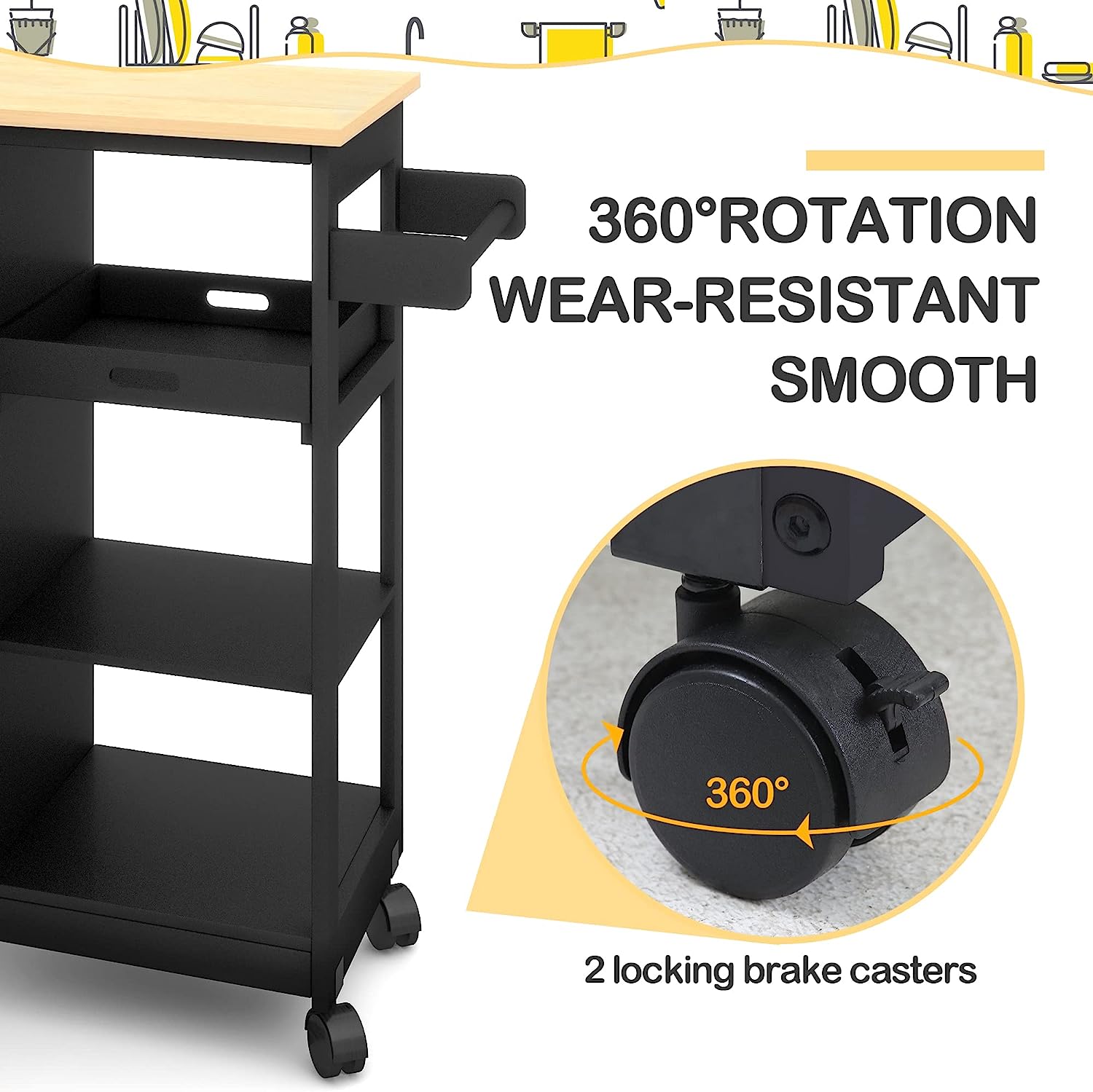 Homrest kitchen Islands with 360° rotation wear-resistant smooth, 2 locking brake casters