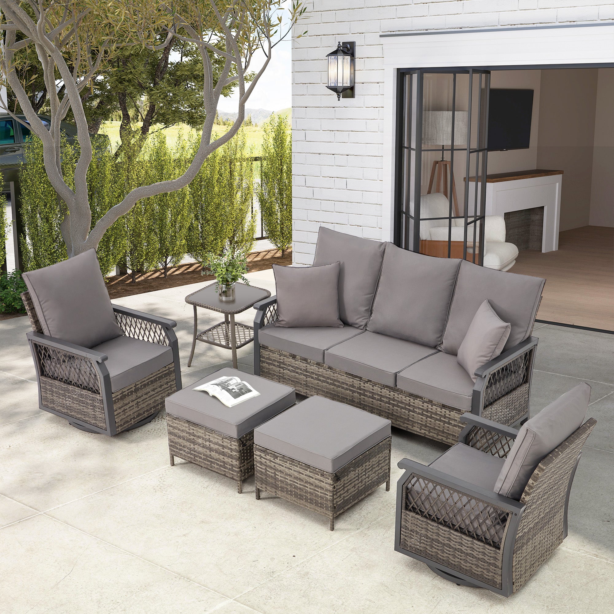 HOMREST 6-Piece Patio Set with Sofa, Swivel Rocking Chairs, Ottoman & Side Table, Grey