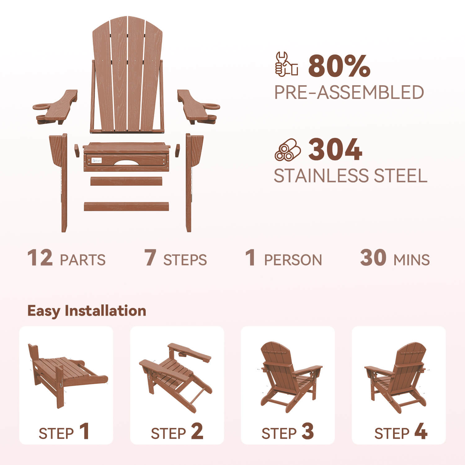 HOMREST 3-Level  Adjustable Adirondack Chair with Retractable Ottoman, Folding HDPE Outdoor Chair with Cup Holders, Teak