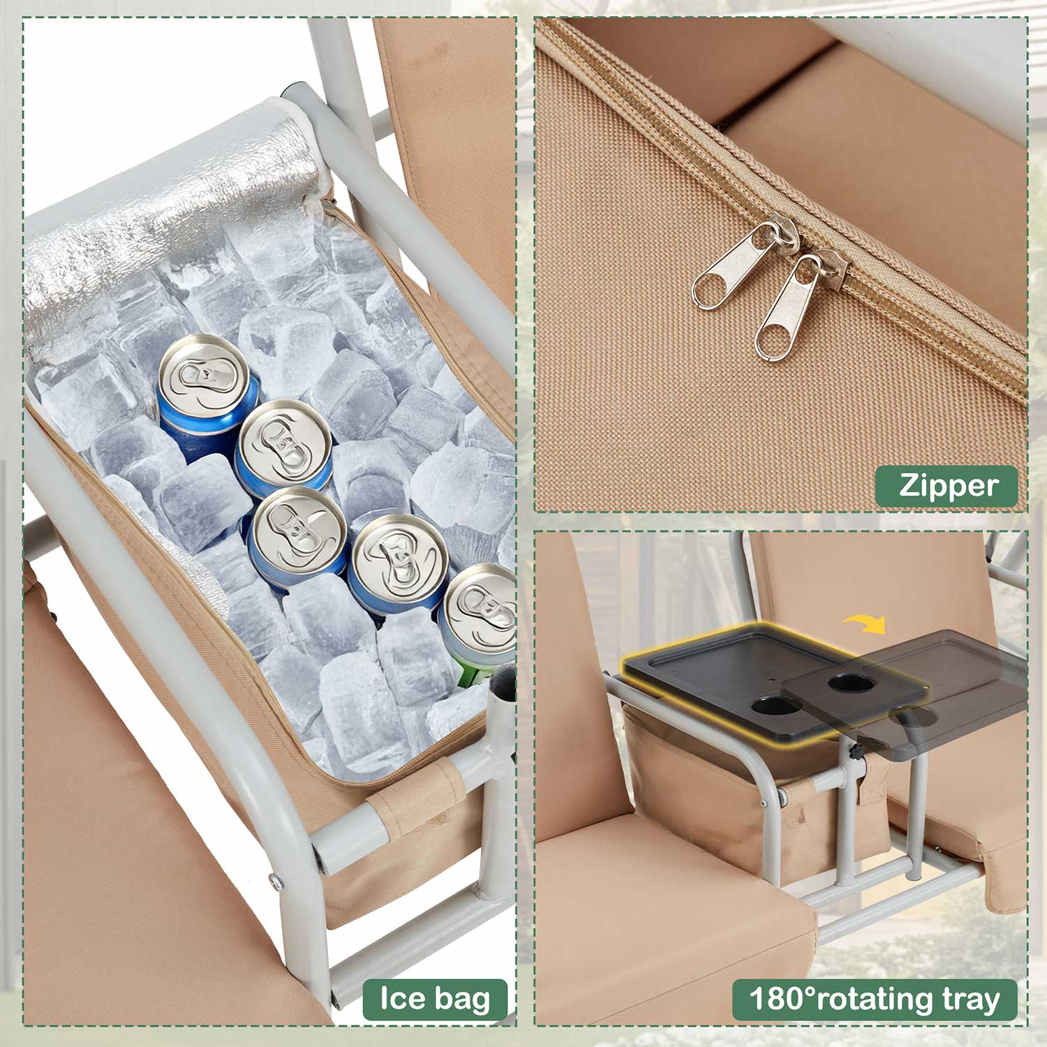 Homrest 2 Seat Outdoor Porch Swing with Adjustable Canopy, Beige