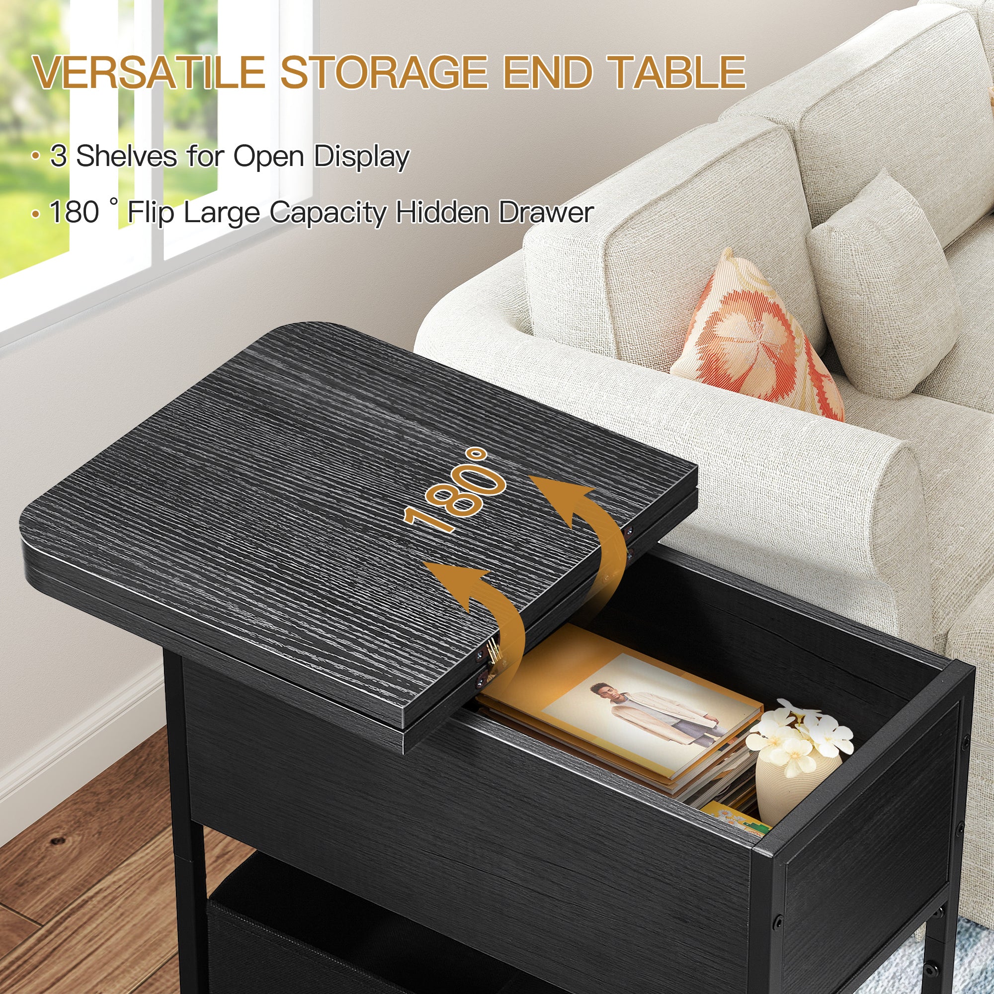 HOMREST Multi-Functional Flip Side Table, 360° Swivel Wheels & Storage Shelf for Living Room/Bedroom, Rustic Brown Wood End Table, Black