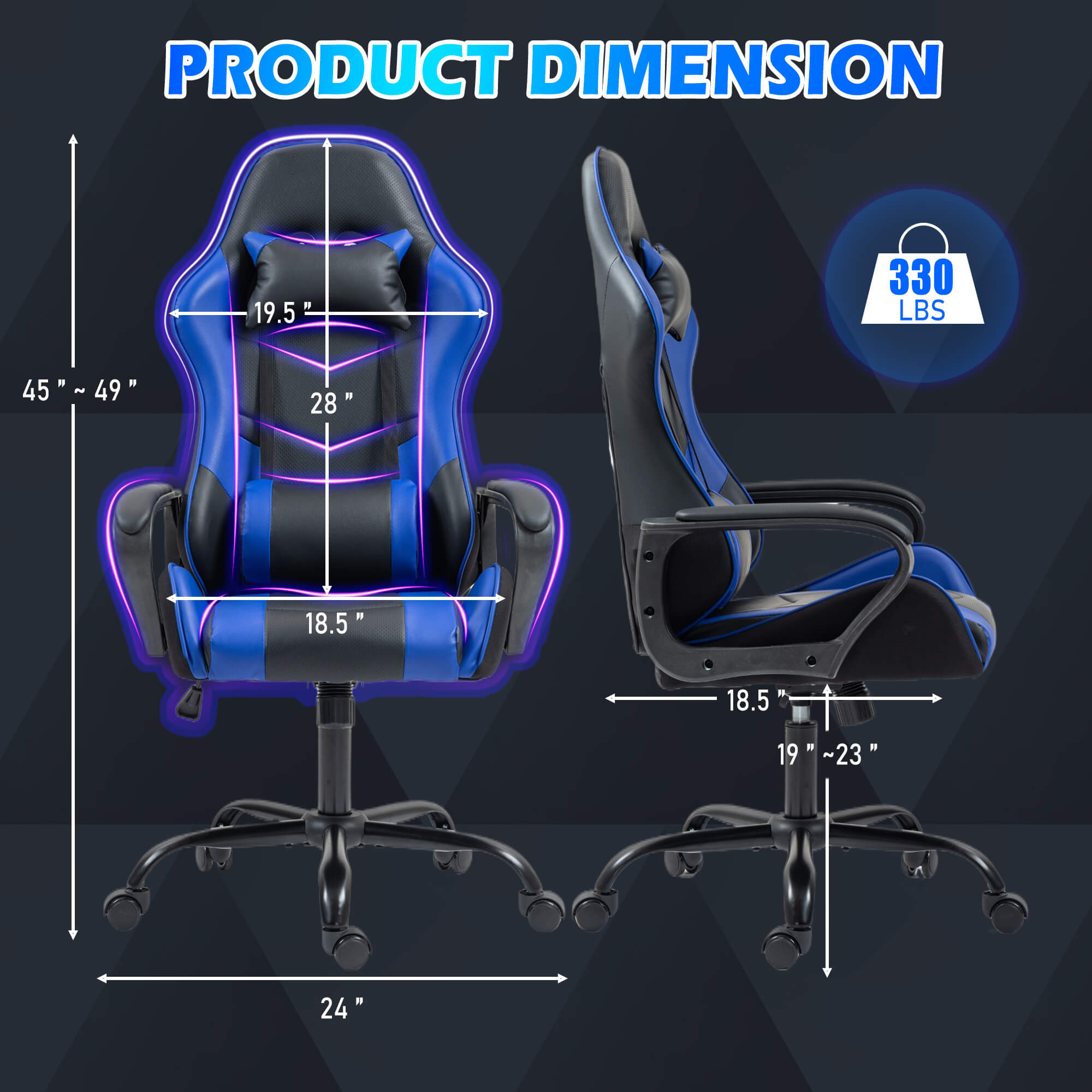 HOMREST Gaming Chair, Ergonomic Computer Gamer Chair with Massage Lumbar Support & Rocking High Back, Height Adjustable, Blue